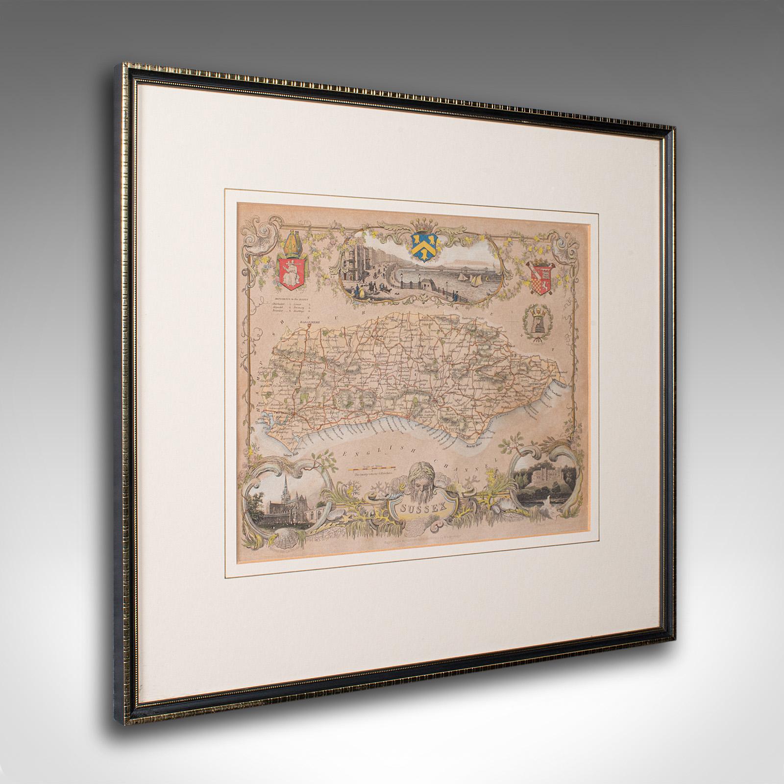 Antique County Map, Sussex, English, Framed Lithography, Cartography c.1860 (1 of 12)