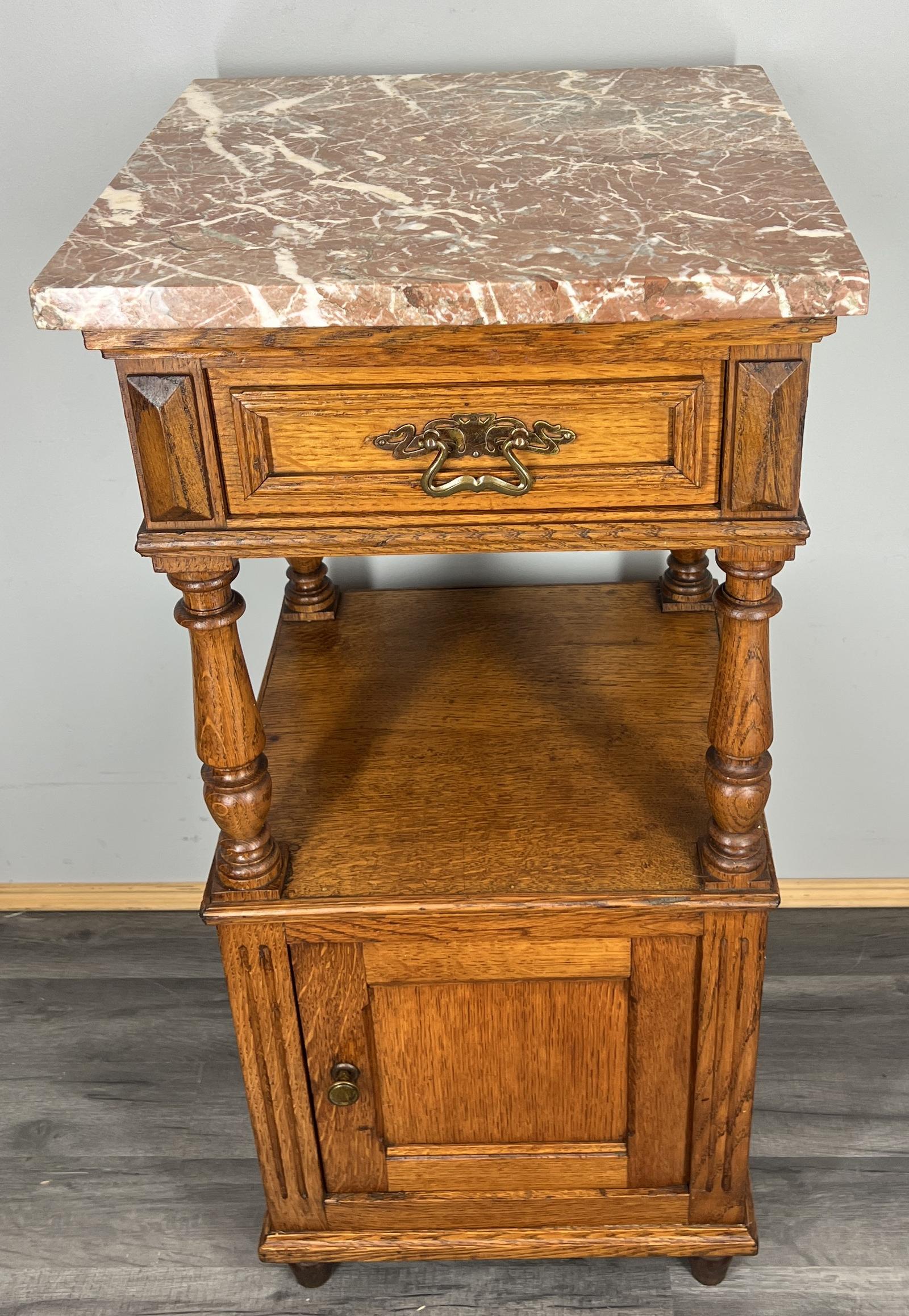 Bedside Table Antique French Style Oak Marble Top Carved Cabinet (1 of 8)