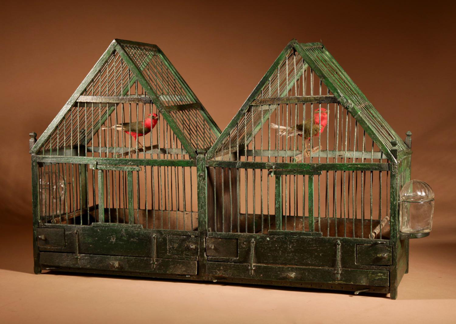 Folk Art Architectural Two Roofs Wooden Painted Birdcage (1 of 14)