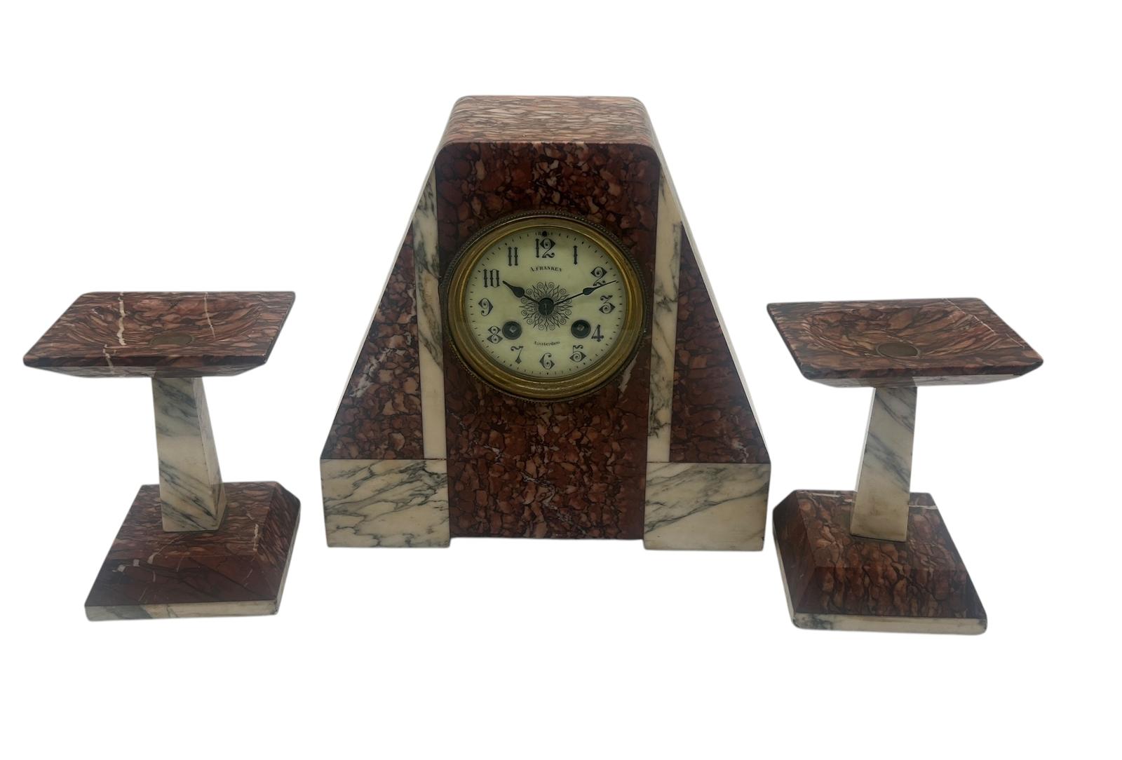 Fabulous French Art Deco Red & White Marble Mantel Clock Set – Ca1920 (1 of 9)