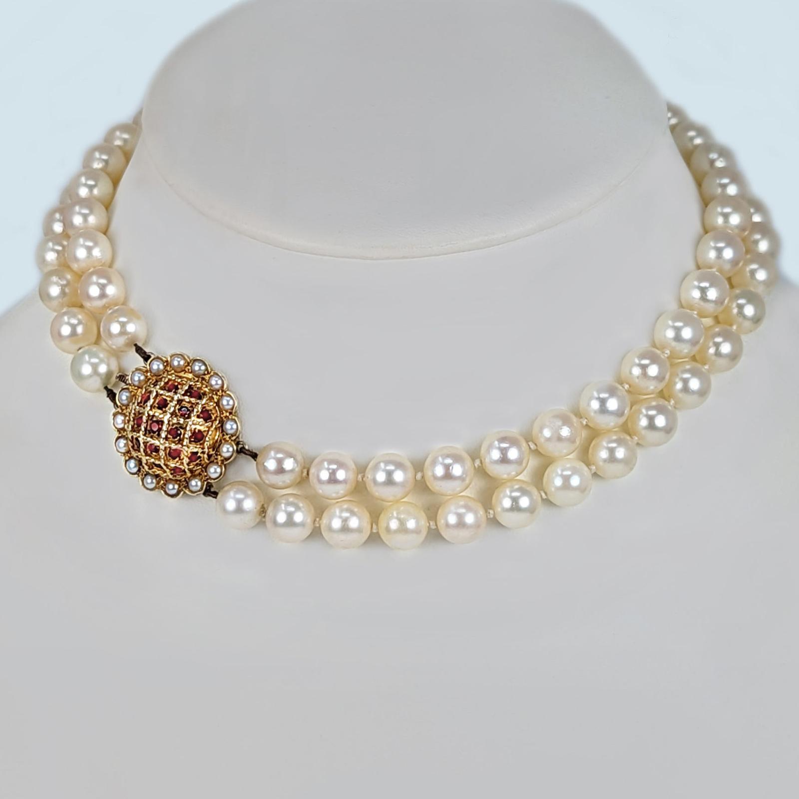 Vintage Two-strand Pearl Necklace with 9ct Gold Garnet and Pearl Clasp 1960s Pearls (1 of 9) Vintage Two-strand Pearl Necklace with 9ct Gold Garnet and Pearl Clasp 1960s Pearls (1 of 9)