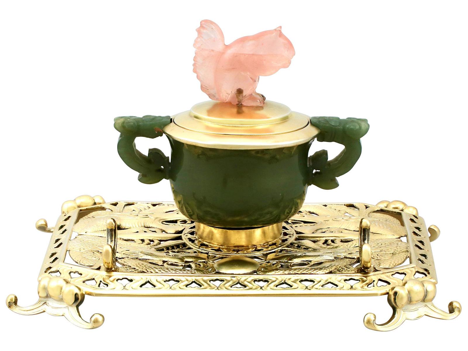 George V English Sterling Silver, Nephrite & Rose Quartz Inkstand (1 of 24)