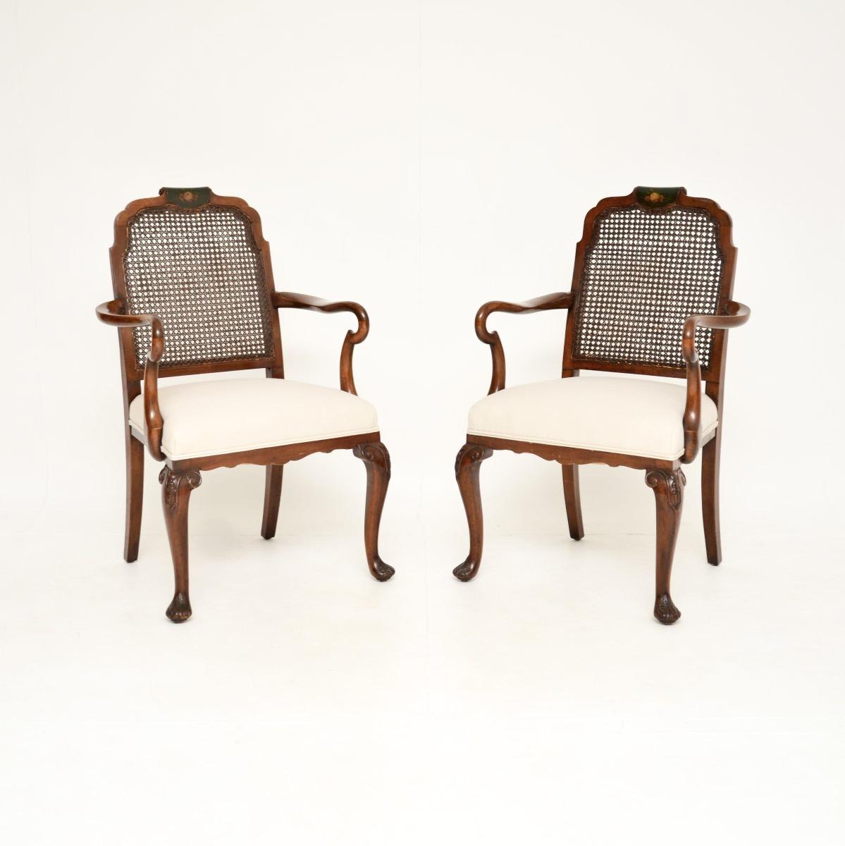Pair of Antique Edwardian Lacquered Walnut & Cane Armchairs (1 of 11)