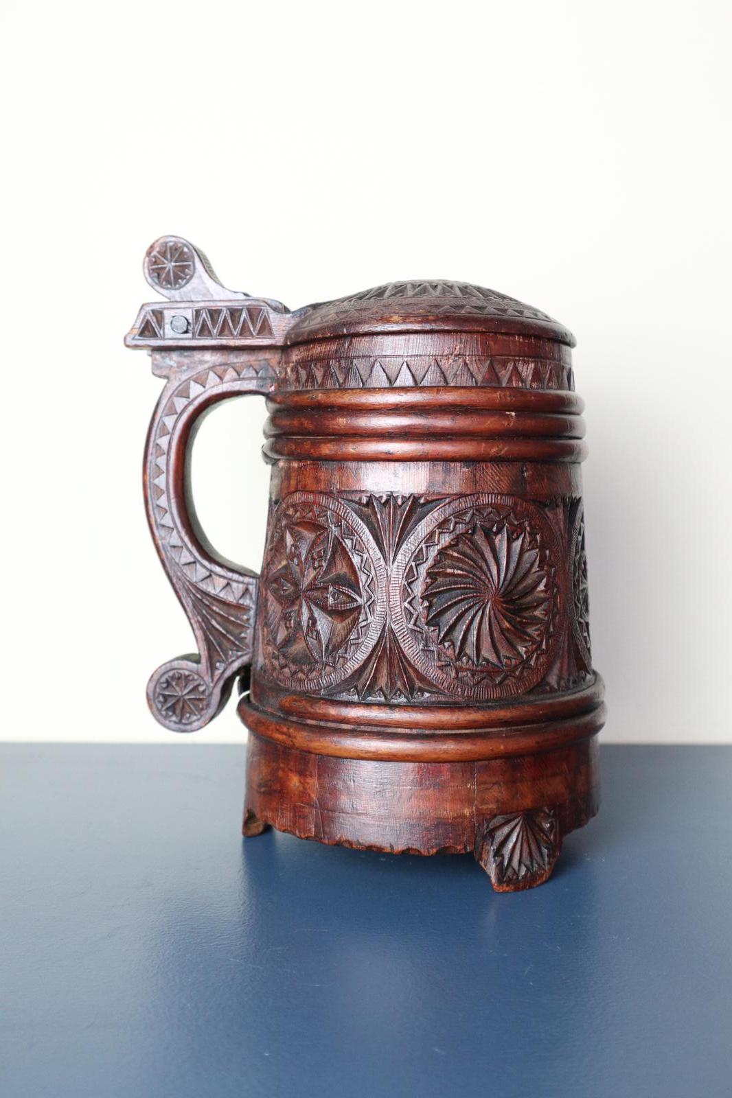 19th Century Norwegian / Scandinavian Folk Art Geometric Carved, Banded & Lidded Ale Tankard (1 of 38)