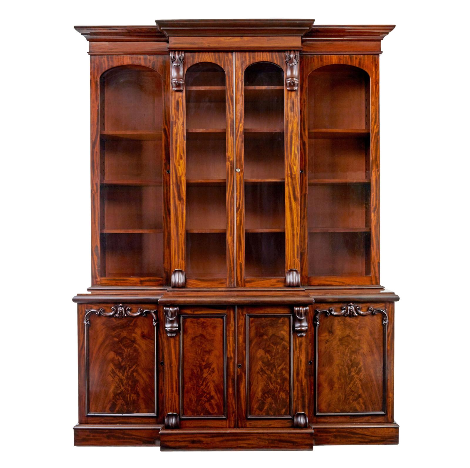 Early Victorian 19th Century Flame Mahogany Breakfront Bookcase (1 of 10)
