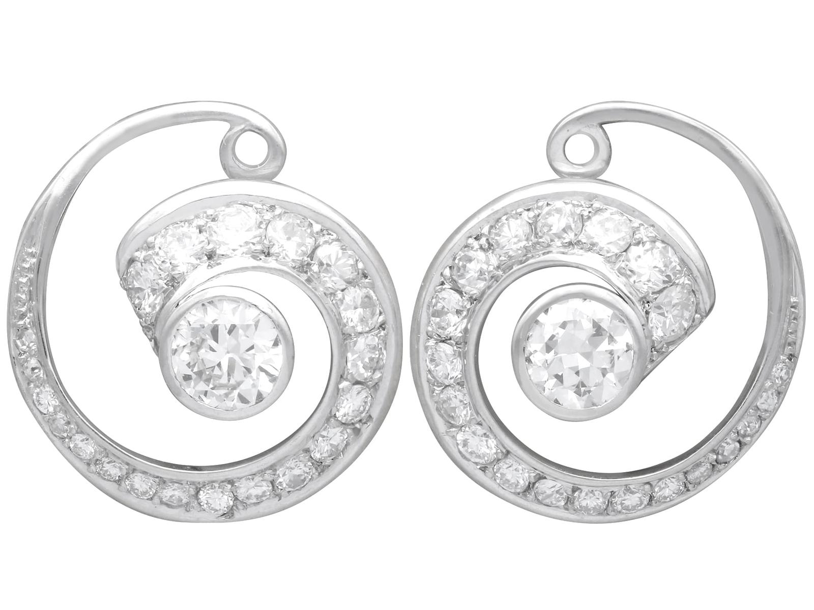 Vintage 1.70ct Diamond & 14k White Gold Twirl Earrings c.1940 (1 of 14)