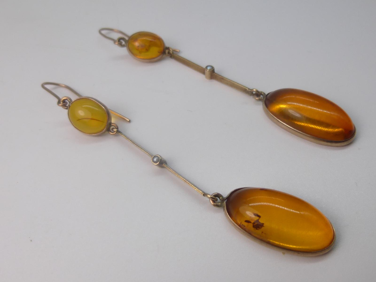 Pair of Gold, Amber and Pearl Drop Earrings (1 of 5)