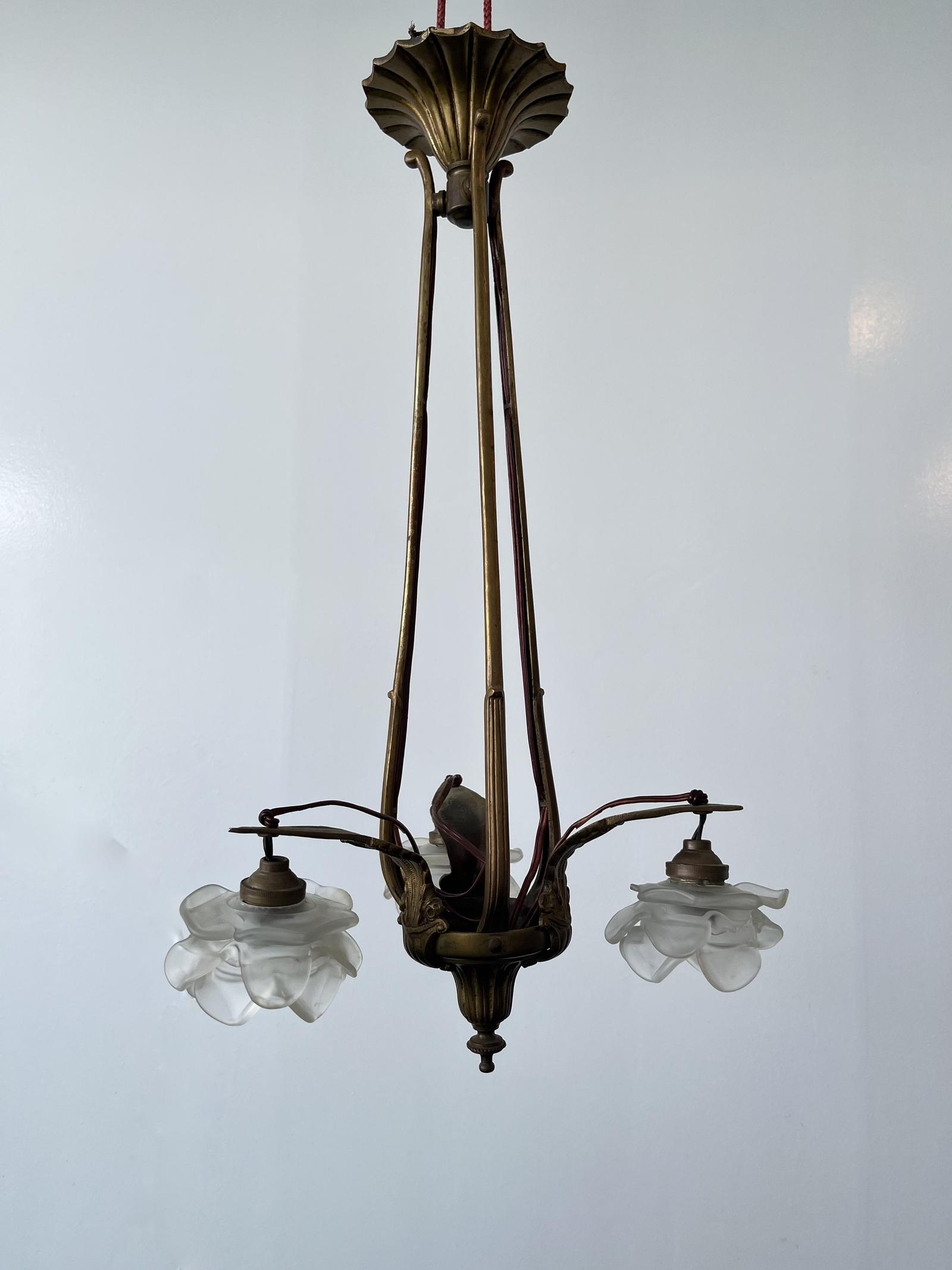 Three Light French Brass Pendant Antique Chandelier (1 of 10)