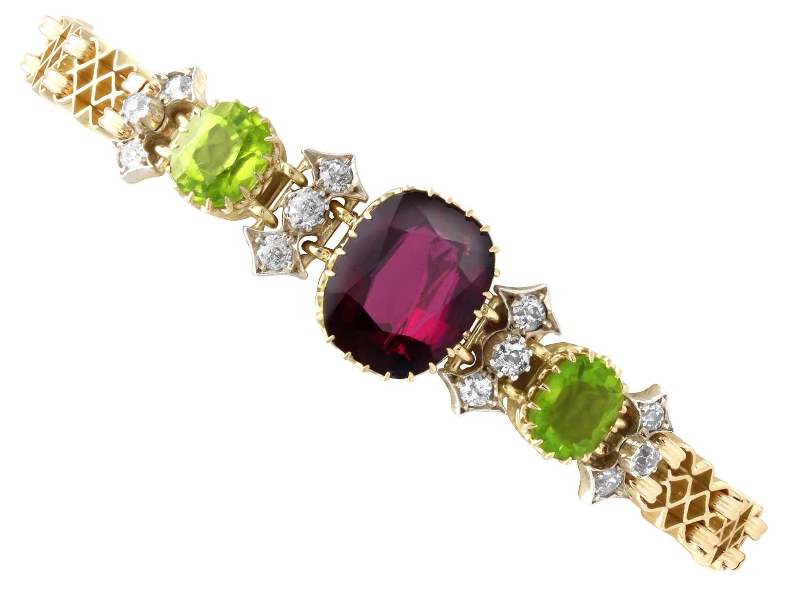 Antique 5.17ct Garnet, 3.10ct Peridot & 0.49ct Diamond, 15ct Yellow Gold Bracelet c.1910 (1 of 18)