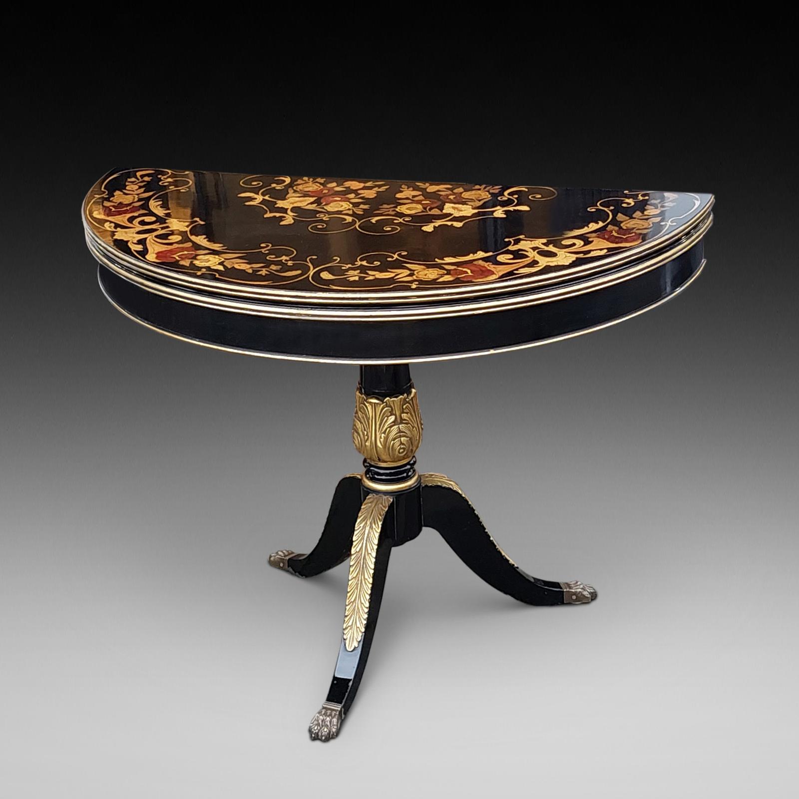 19thc Italian Parcel Gilt Marquetry Inlaid Ebonised Card Table (1 of 12)
