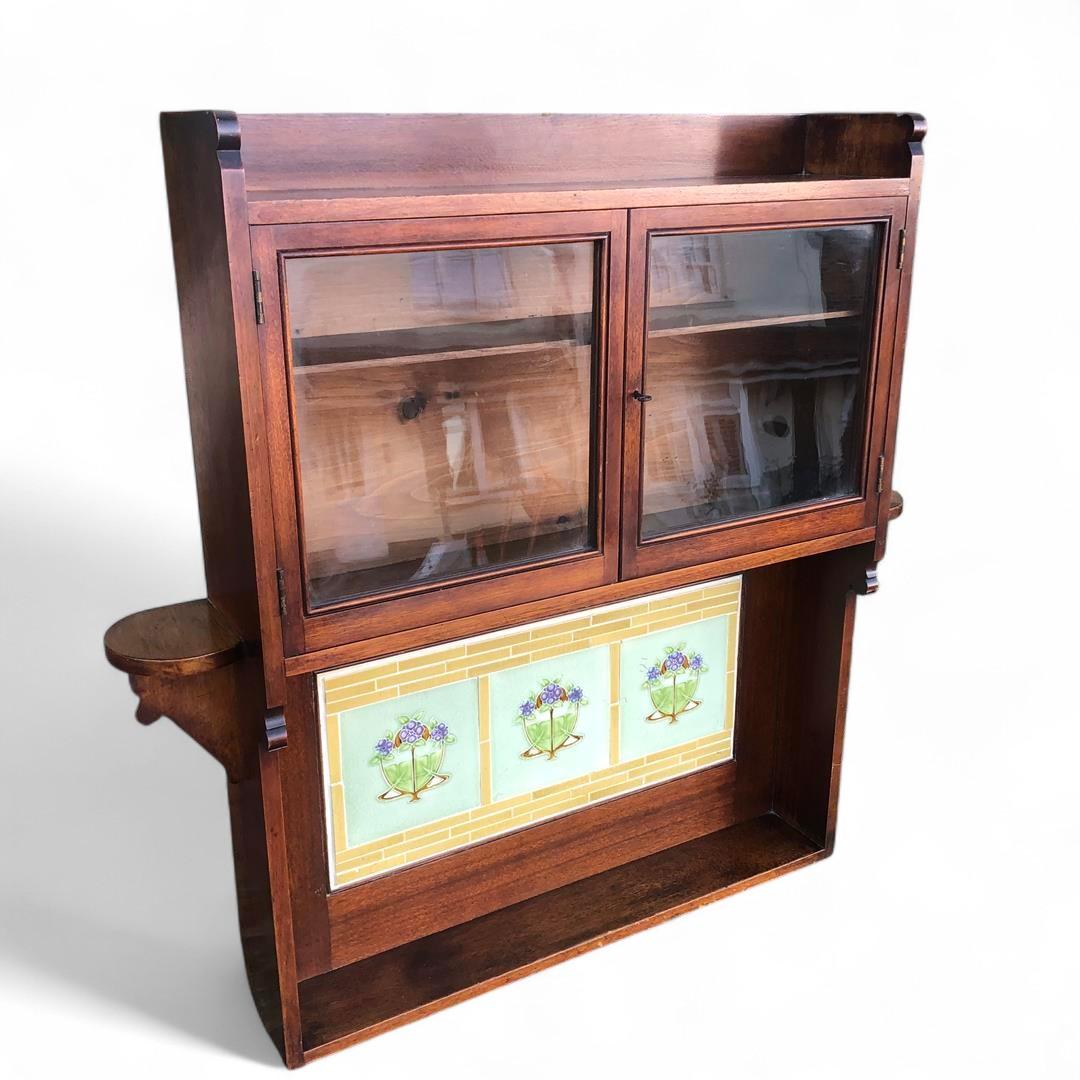 Antique Mahogany Wall Display Cabinet with Art Nouveau Tiles (1 of 11)