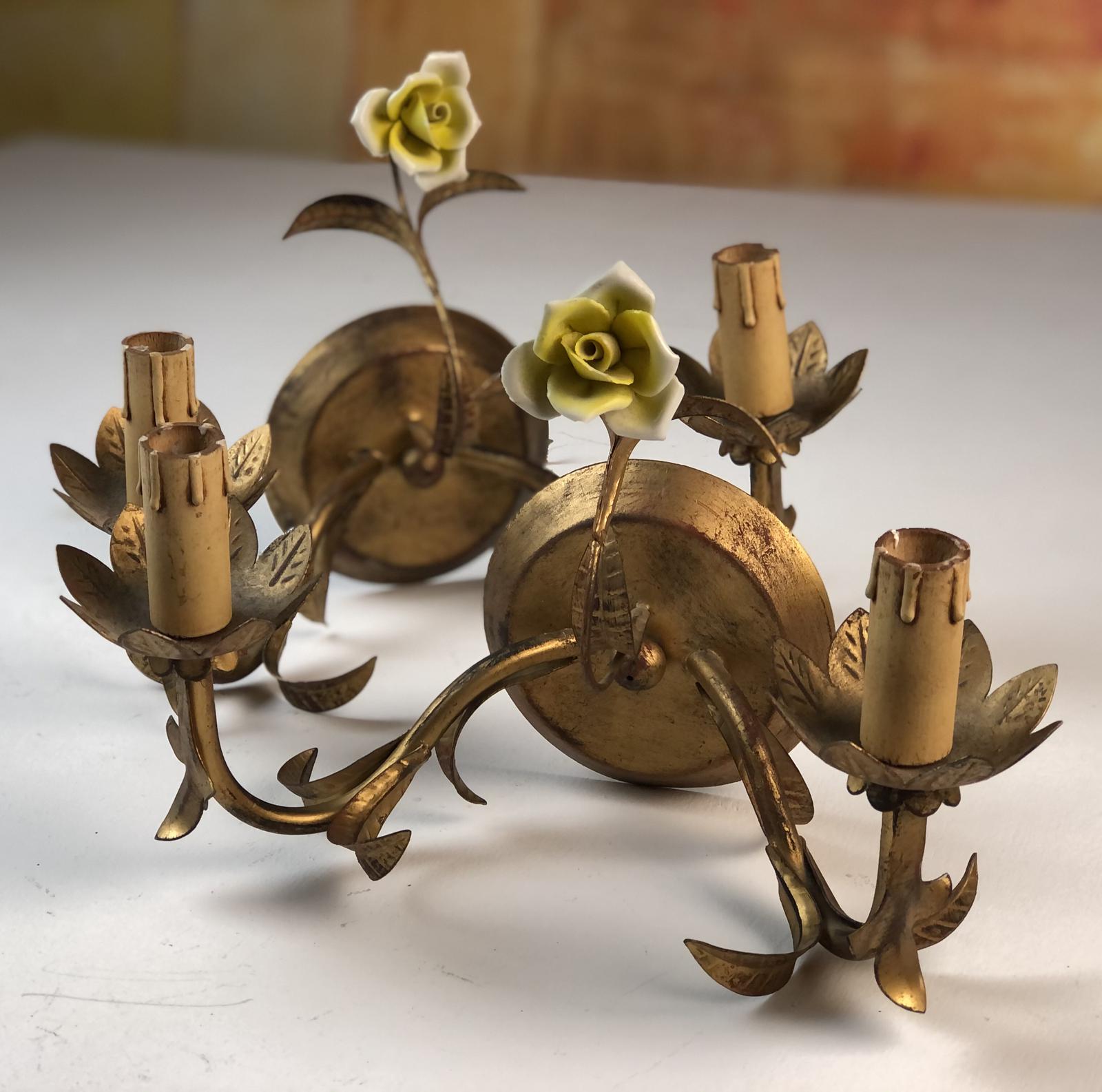 Vintage Gilt Toleware Wall Lights with Porcelain Roses (1 of 9) Vintage Gilt Toleware Wall Lights with Porcelain Roses (1 of 9)