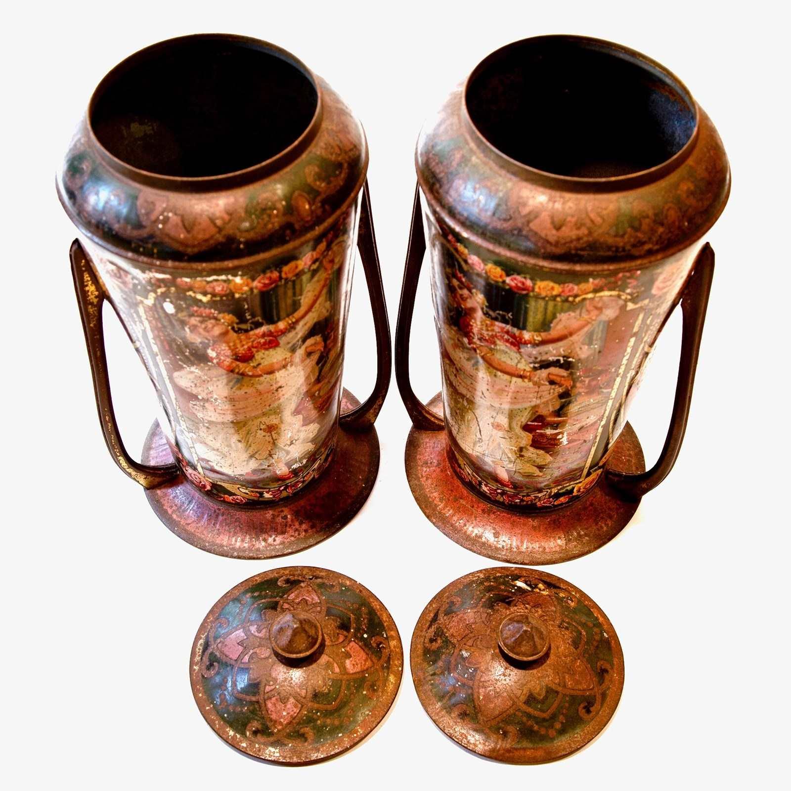 Pair of 19th Century Printed Tole Tea Urns- Indian Dancers From The Victorian Era (1 of 6)