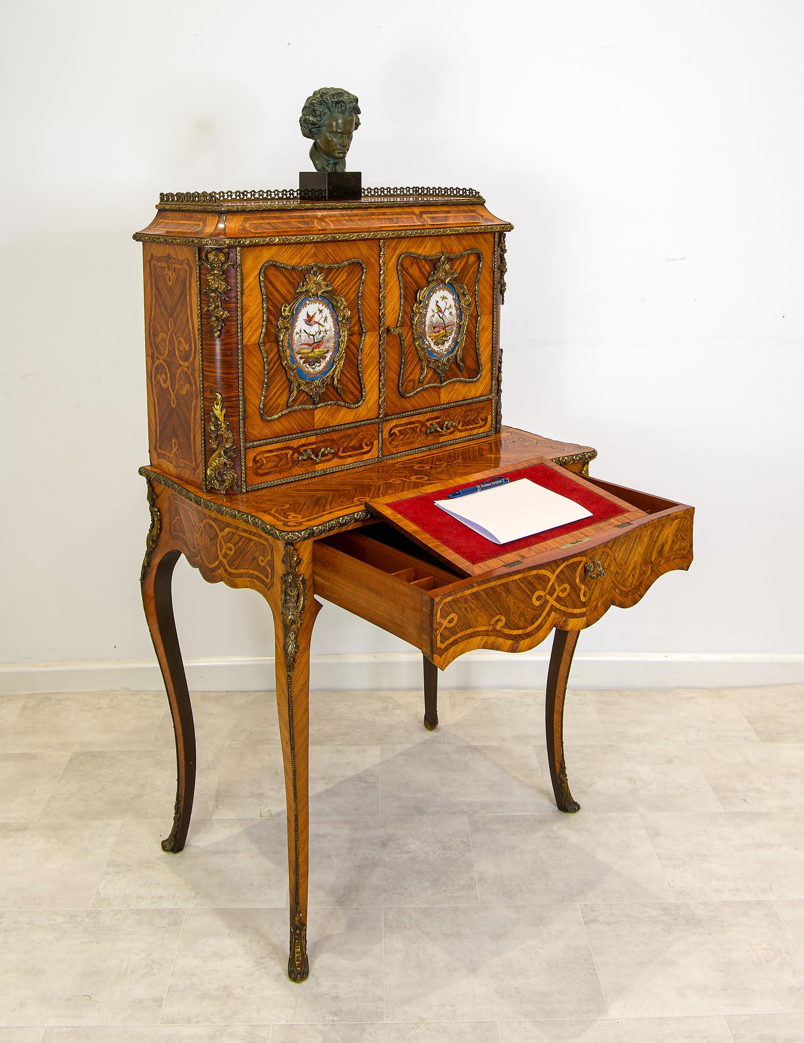 Antique French Kingwood Writing Desk / Side Cabinet With Porcelain Plaques (1 of 7)