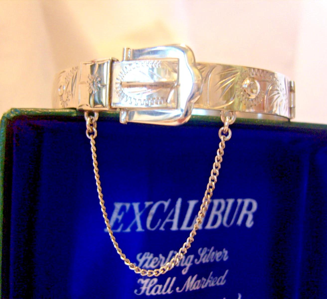 Buckle Bangle Sterling Silver Vintage 1977 Excalibur Bracelet 7" L Original Box (1 of 21)