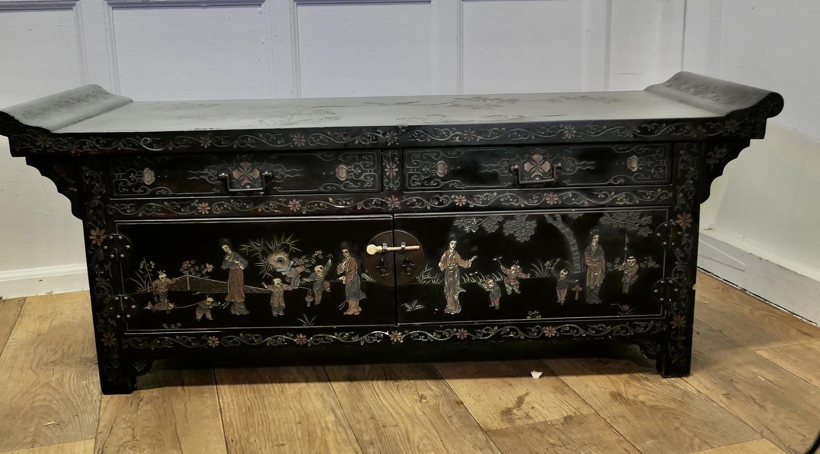Black Lacquer Chinoiserie Low Cabinet, Coffee Table (1 of 10)