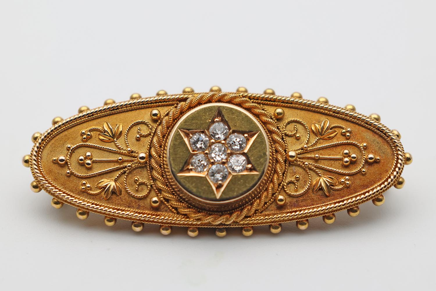Victorian Cannetille 15ct Gold Brooch with Diamonds 1893 (1 of 2)