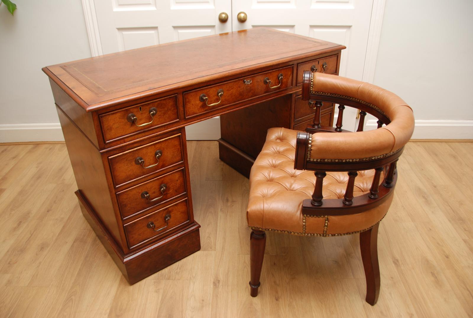 Brights of Nettlebed Burr Walnut Pedestal Writing Desk with Chair (1 of 18)