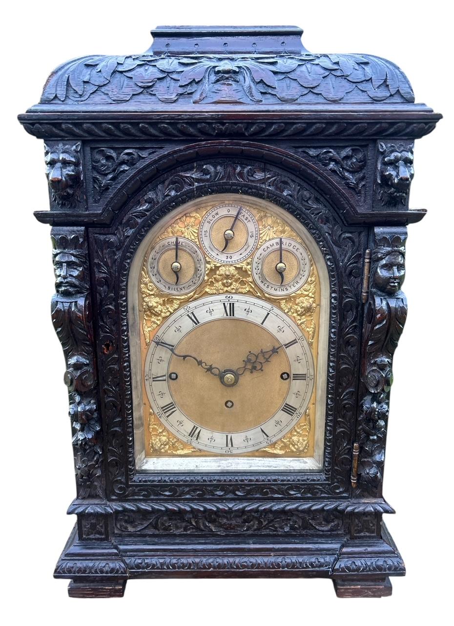 Outstanding Hand Carved Oak English 8 Bell Dual Chime Triple Fusee Bracket Clock (1 of 19)
