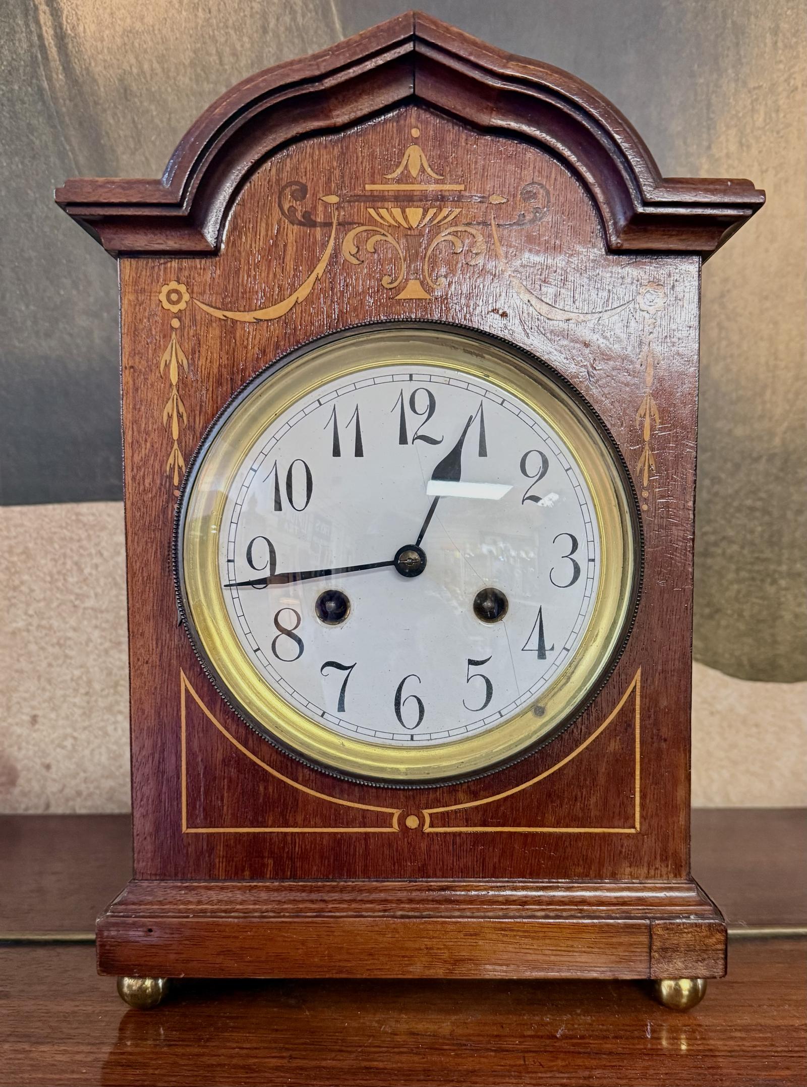 LARGE EDWARDIAN MAHOGANY INLAID MANTLE CLOCK (1 of 5)