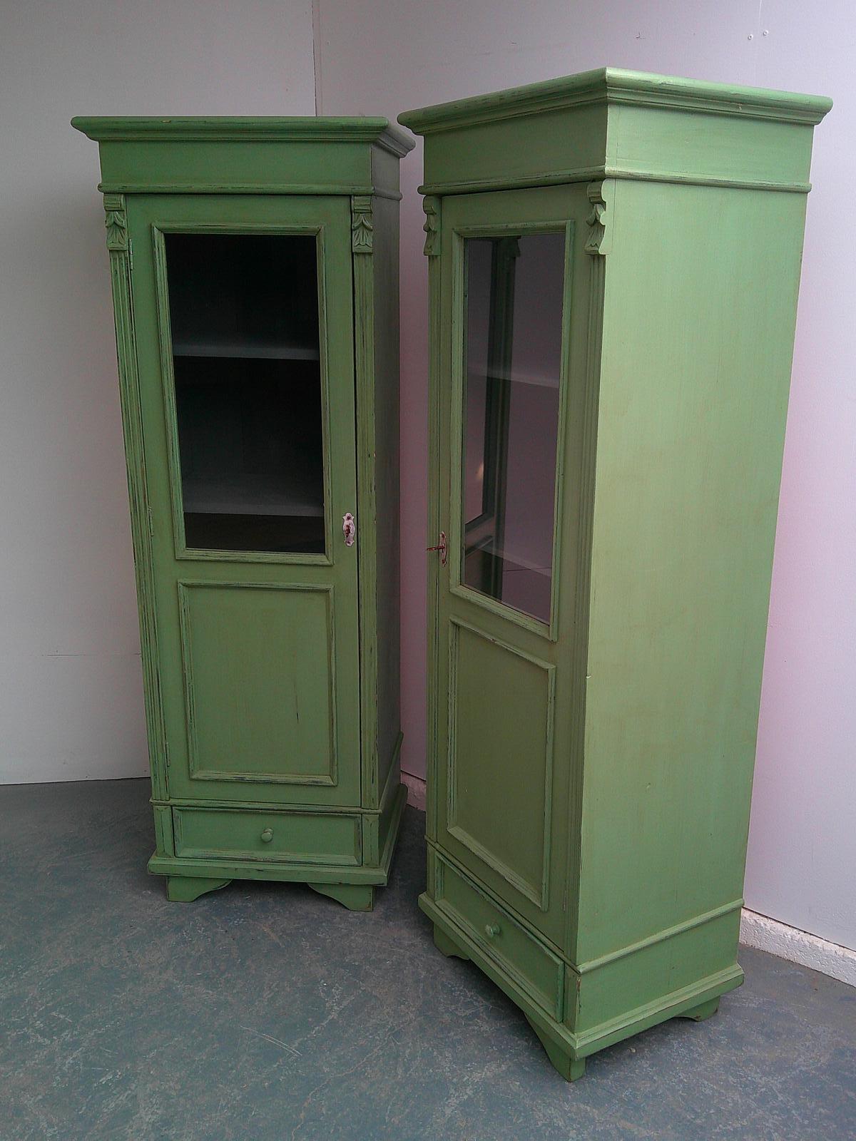 Cracking Pair of Light Green Antique Pine Kitchen / Bathroom Display Cabinets (1 of 10)