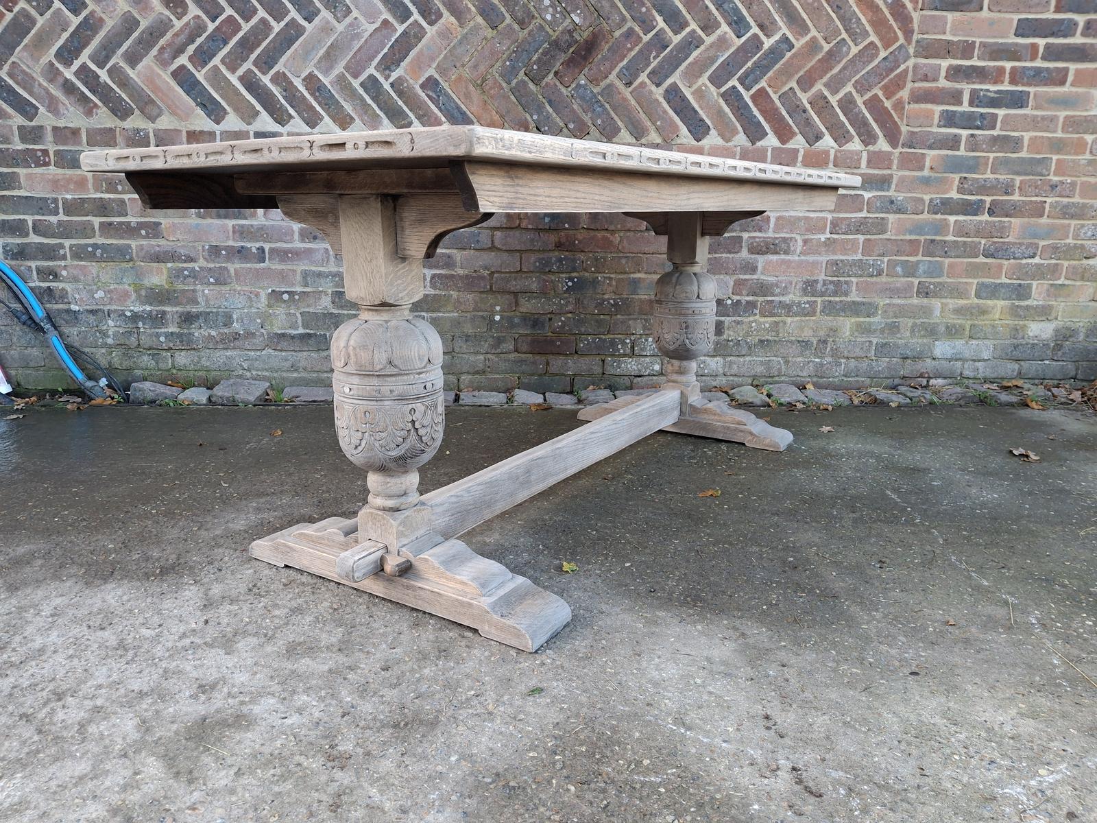 Large Bleached Oak Trestle Dining Table – Carved Base – Rustic French Style (1 of 14) Large Bleached Oak Trestle Dining Table – Carved Base – Rustic French Style (1 of 14)