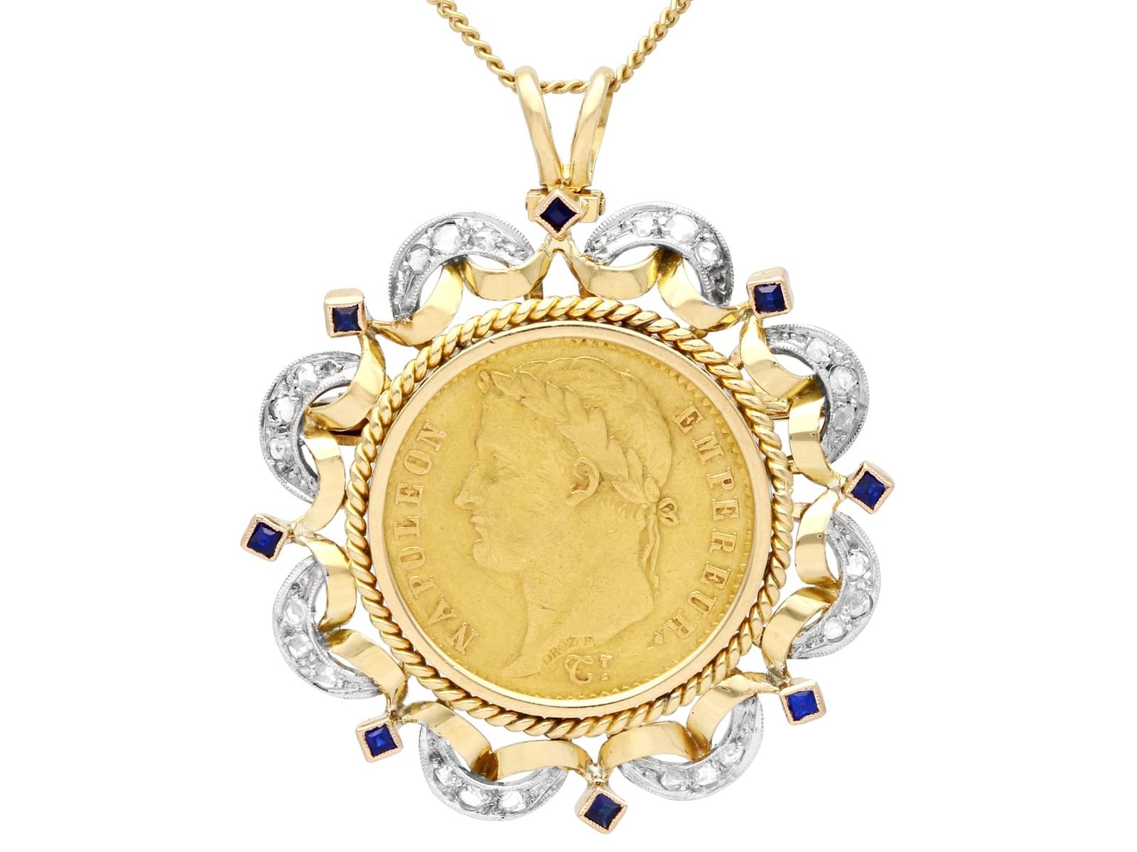 Antique French 0.16ct Sapphire & 0.40ct Diamond, 18ct Yellow Gold & 22ct Gold Coin Pendant / Brooch c.1890 (1 of 12) Antique French 0.16ct Sapphire & 0.40ct Diamond, 18ct Yellow Gold & 22ct Gold Coin Pendant / Brooch c.1890 (1 of 12)
