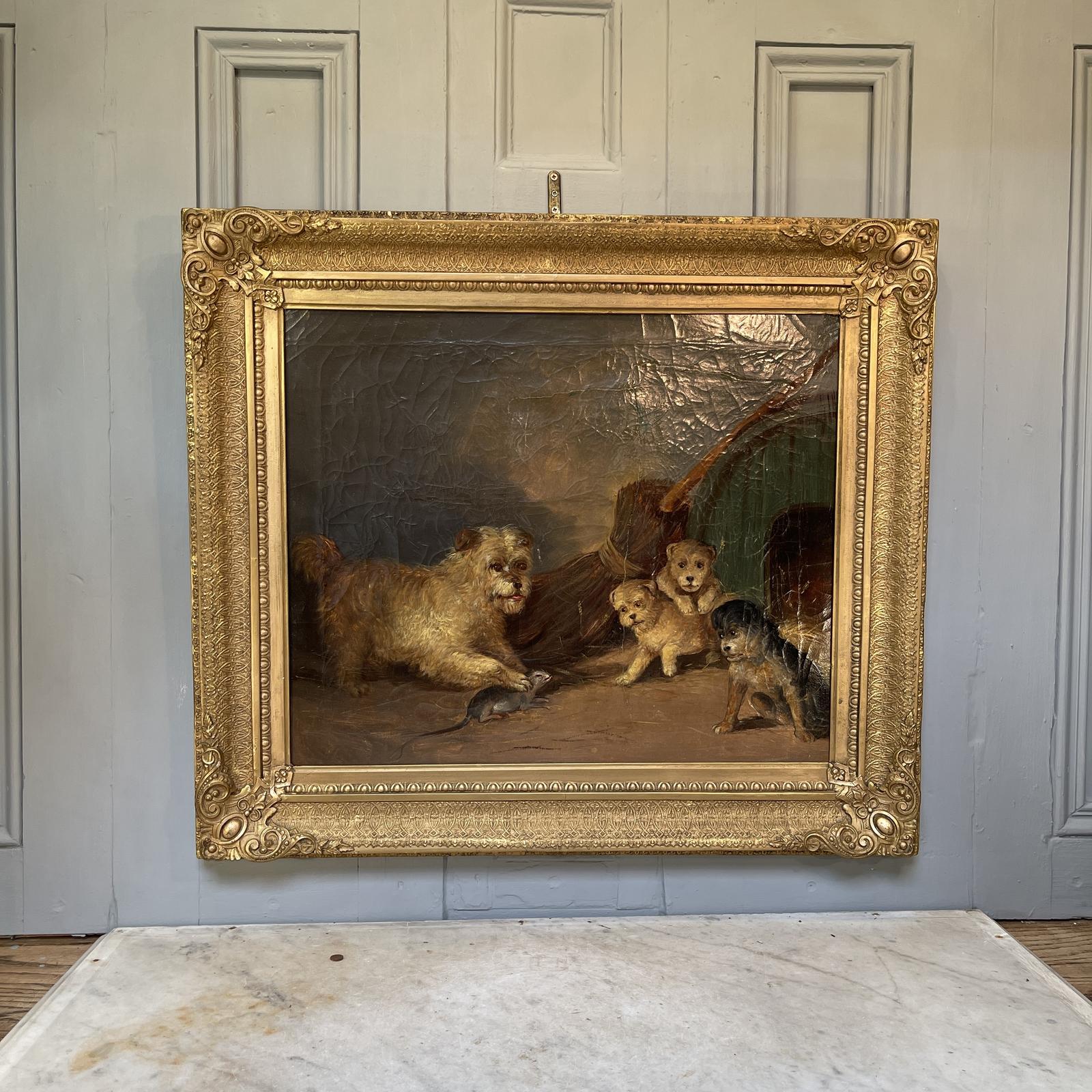 Large Antique Victorian Oil Painting Study of Terrier Dog & Pups Catching a Rat (2 of 2) (1 of 11)
