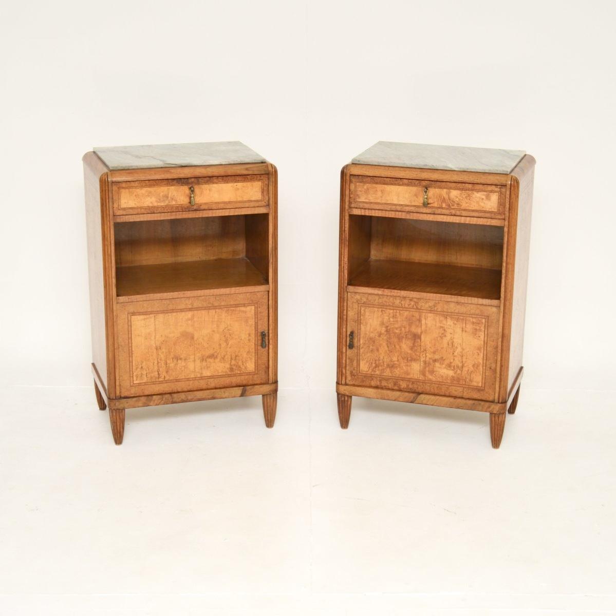 Pair of French Art Deco Burr Walnut Marble Top Bedside Cabinets (1 of 14)