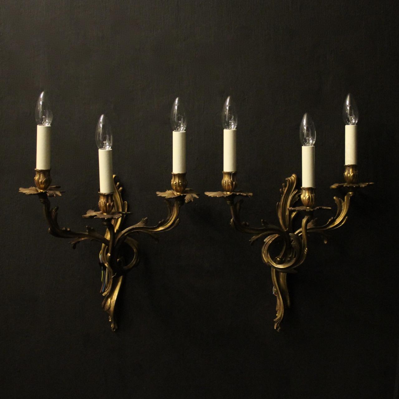 French Triple Arm Gilded Brass Wall Lights (1 of 10) French Triple Arm Gilded Brass Wall Lights (1 of 10)