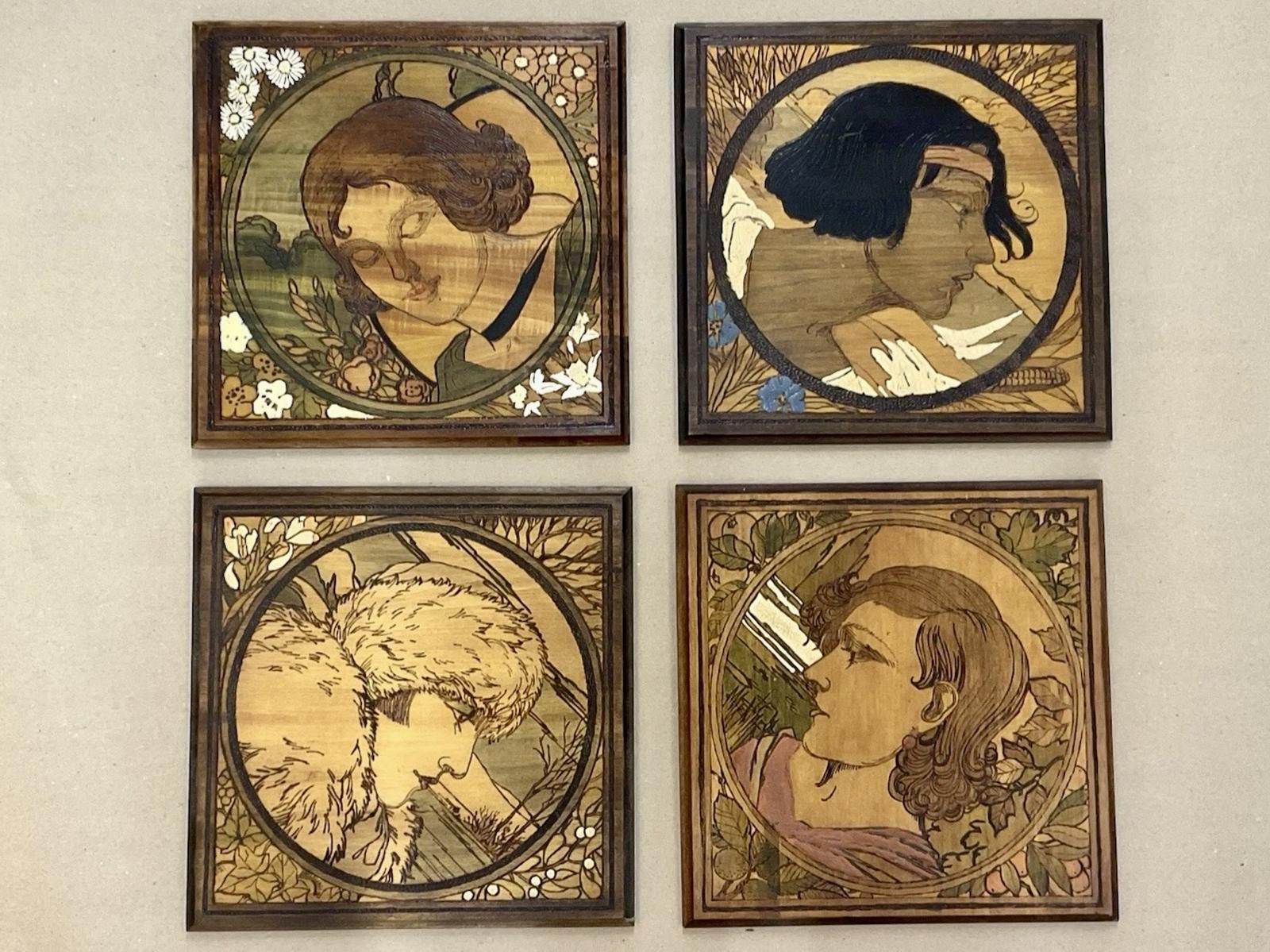 Set of 4 Arts & Crafts Wooden Pokerwork Plaques of The Four Seasons Lady Decorated Antique c.1920 (1 of 7) Set of 4 Arts & Crafts Wooden Pokerwork Plaques of The Four Seasons Lady Decorated Antique c.1920 (1 of 7)