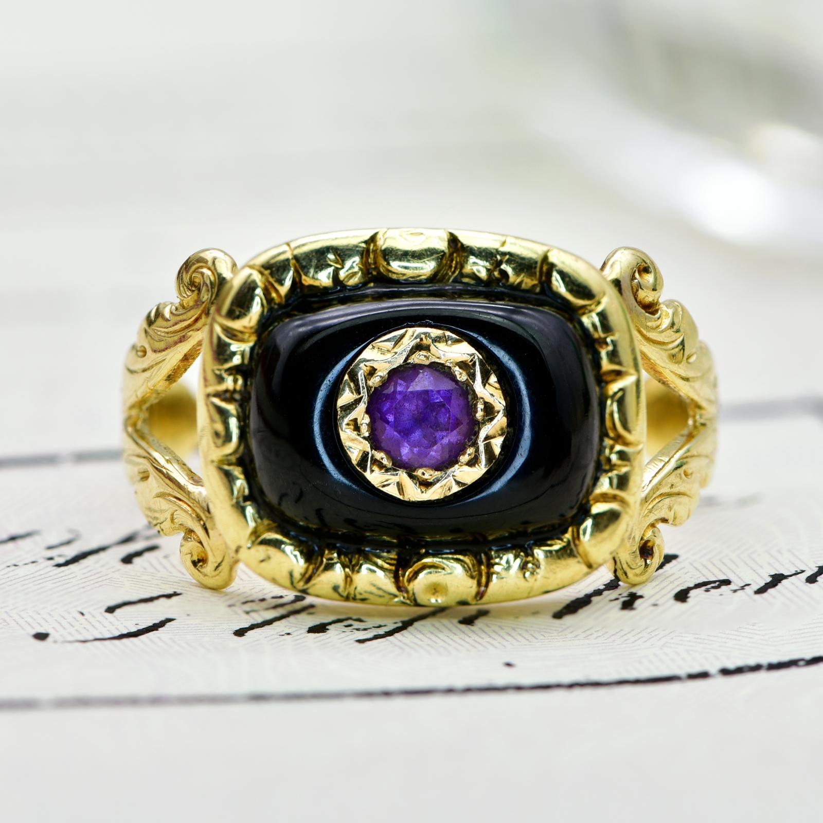 The Antique Early Victorian Amethyst & Black Enamel Mourning Ring (1 of 9)