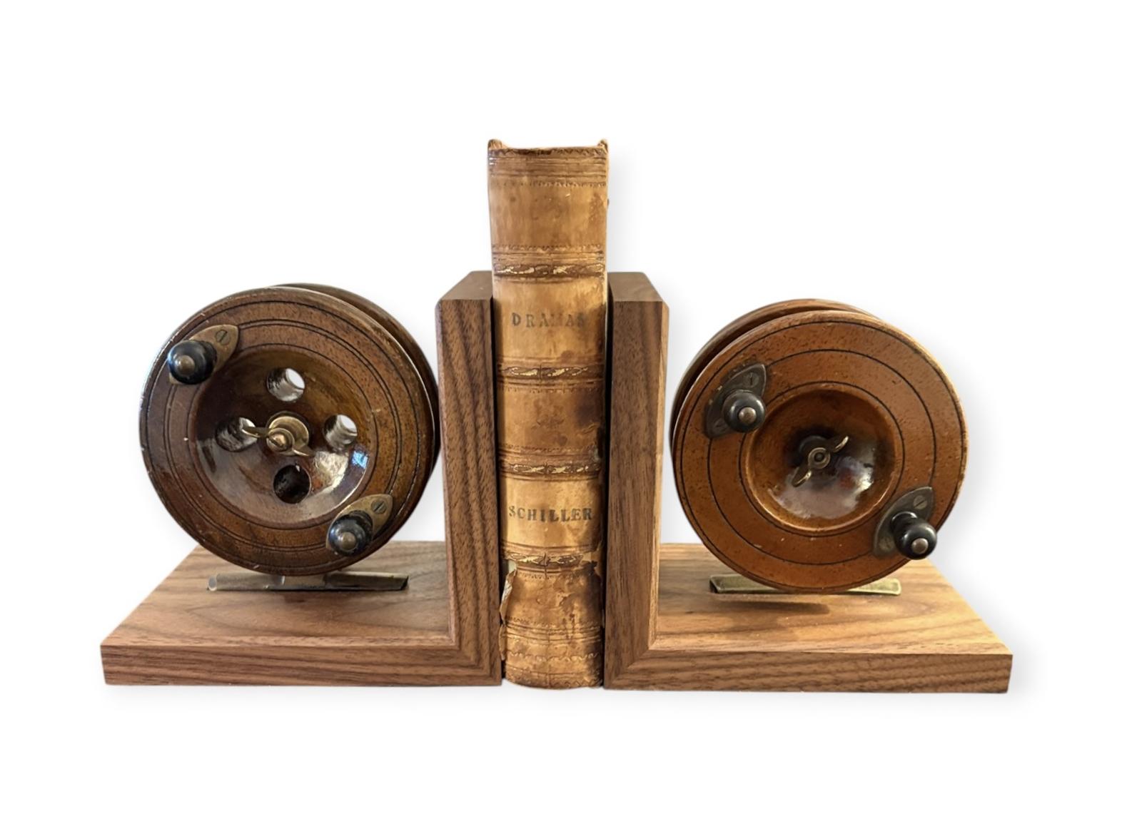 Antique Nottingham-Pattern Fishing Reel Bookends - Bespoke Cherrywood Bases (1 of 12) Antique Nottingham-Pattern Fishing Reel Bookends - Bespoke Cherrywood Bases (1 of 12)