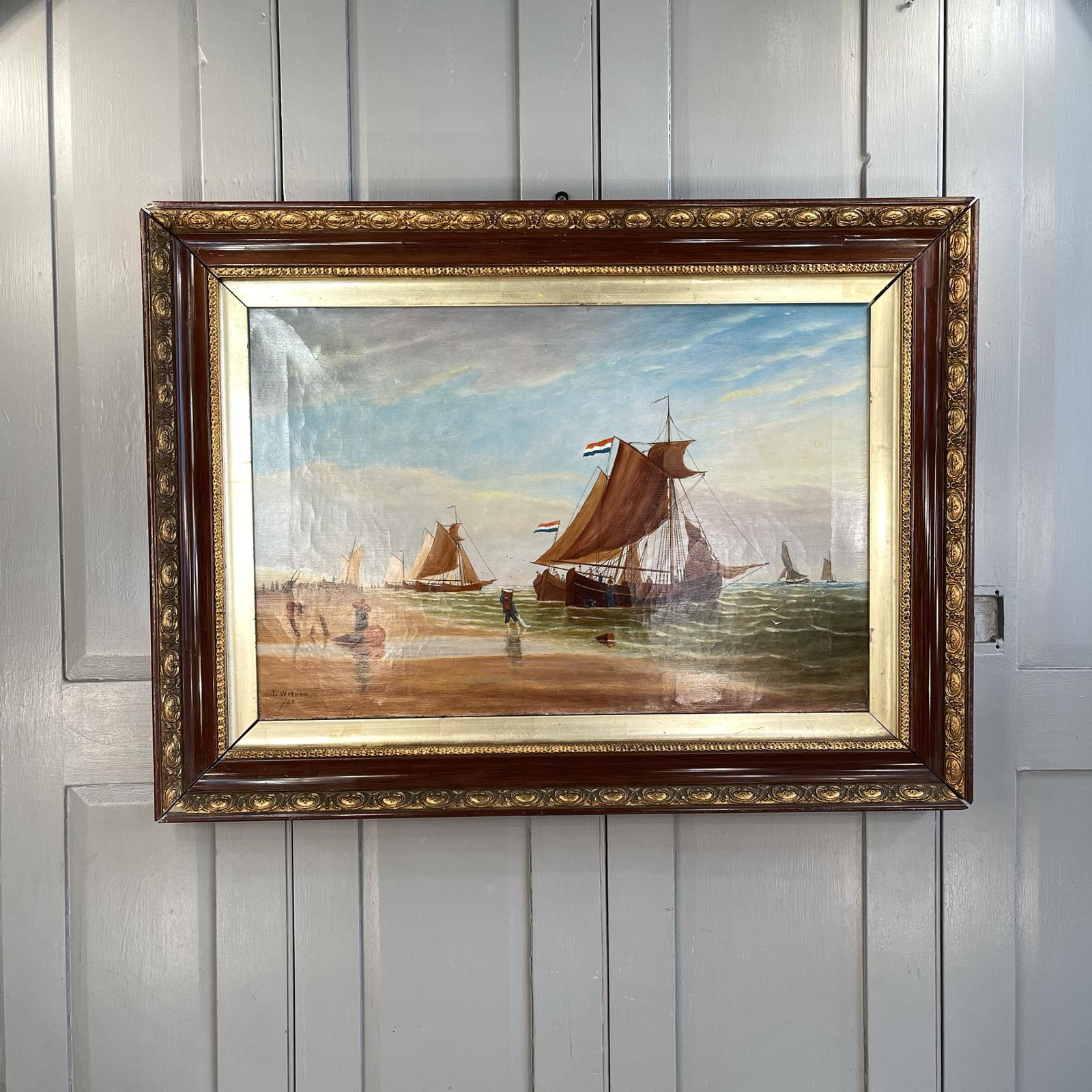 Antique Marine Seascape Coastal Oil Painting of Dutch Sailing Barges Signed J Witham 1898 (1 of 10)