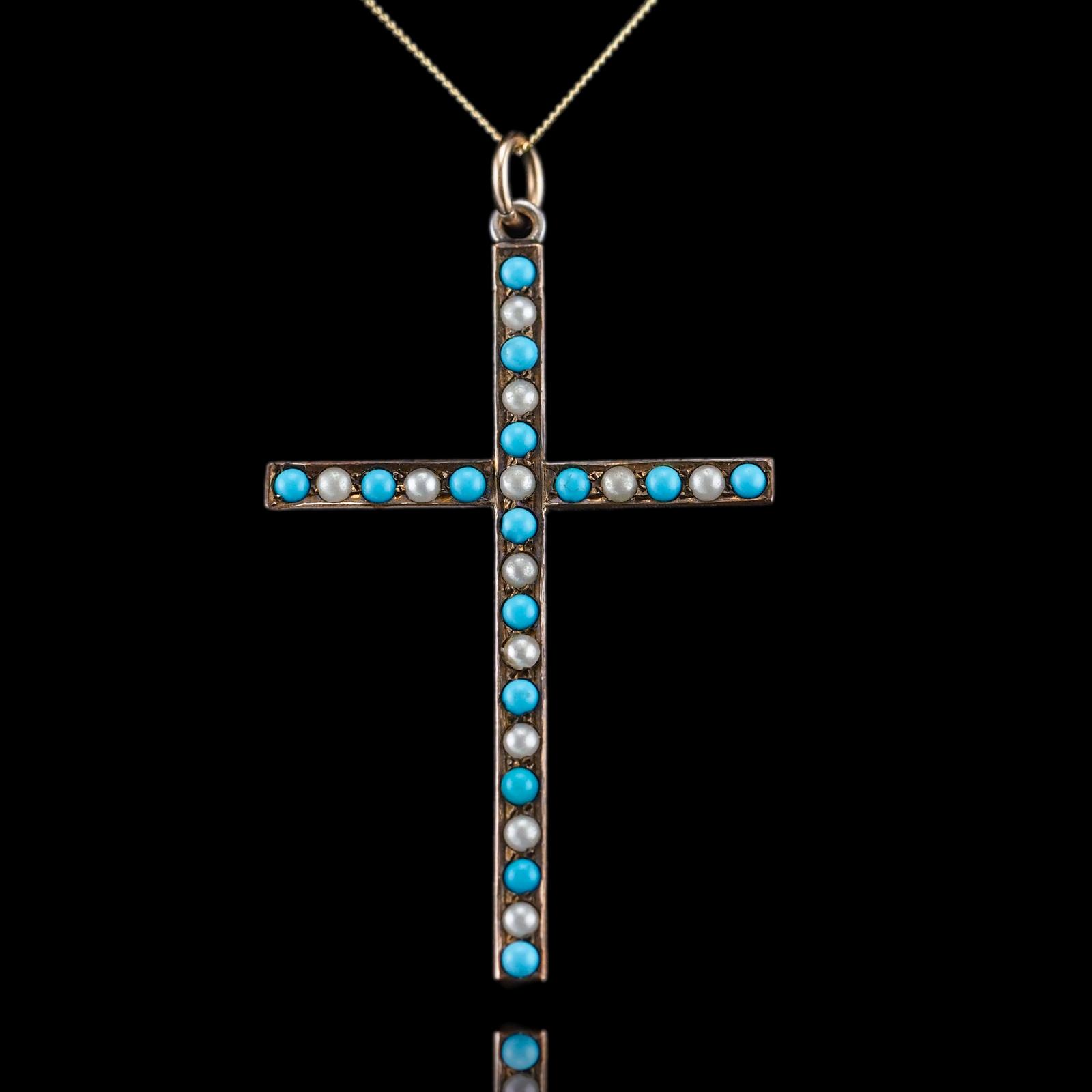 Antique Victorian Turquoise & Pearl Cross Pendant Necklace 9K Gold - c.1890 (1 of 11)