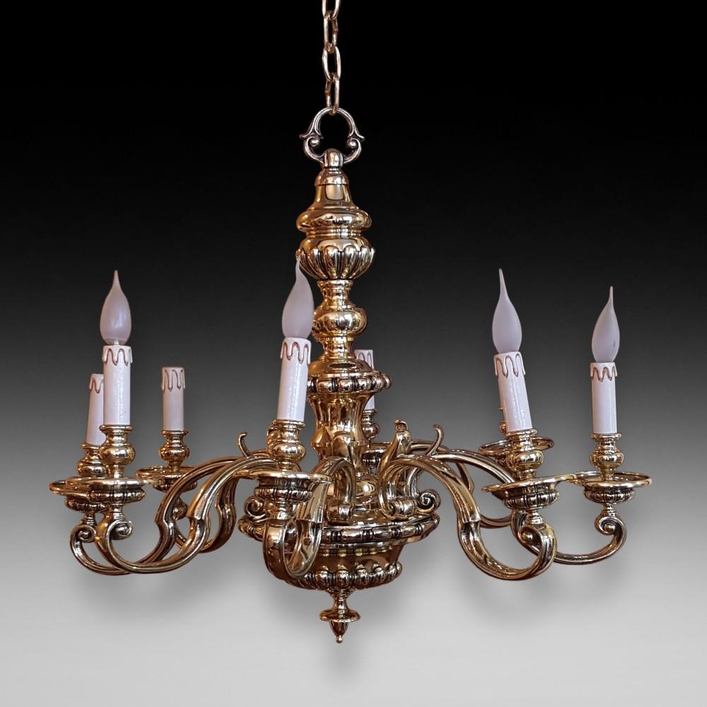 Early 20th Century Brass 8 Scroll Armed Brass Chandelier (1 of 7)
