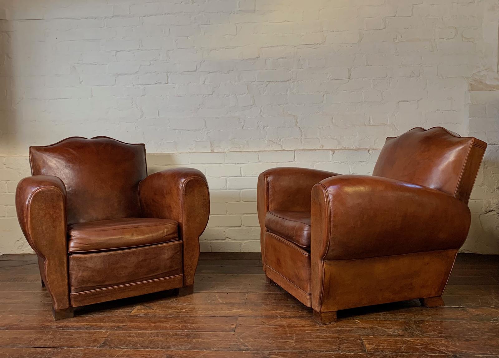 La Crème de La Crème, Pair of 1940s French Leather Club Chairs Havana Moustache Models (1 of 11)
