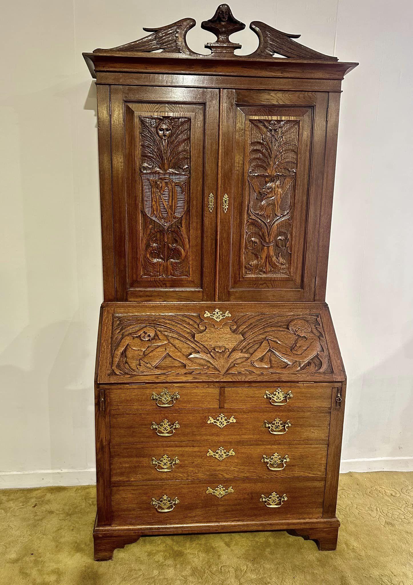 Late Victorian Carved Oak Bureau Bookcase (1 of 18)