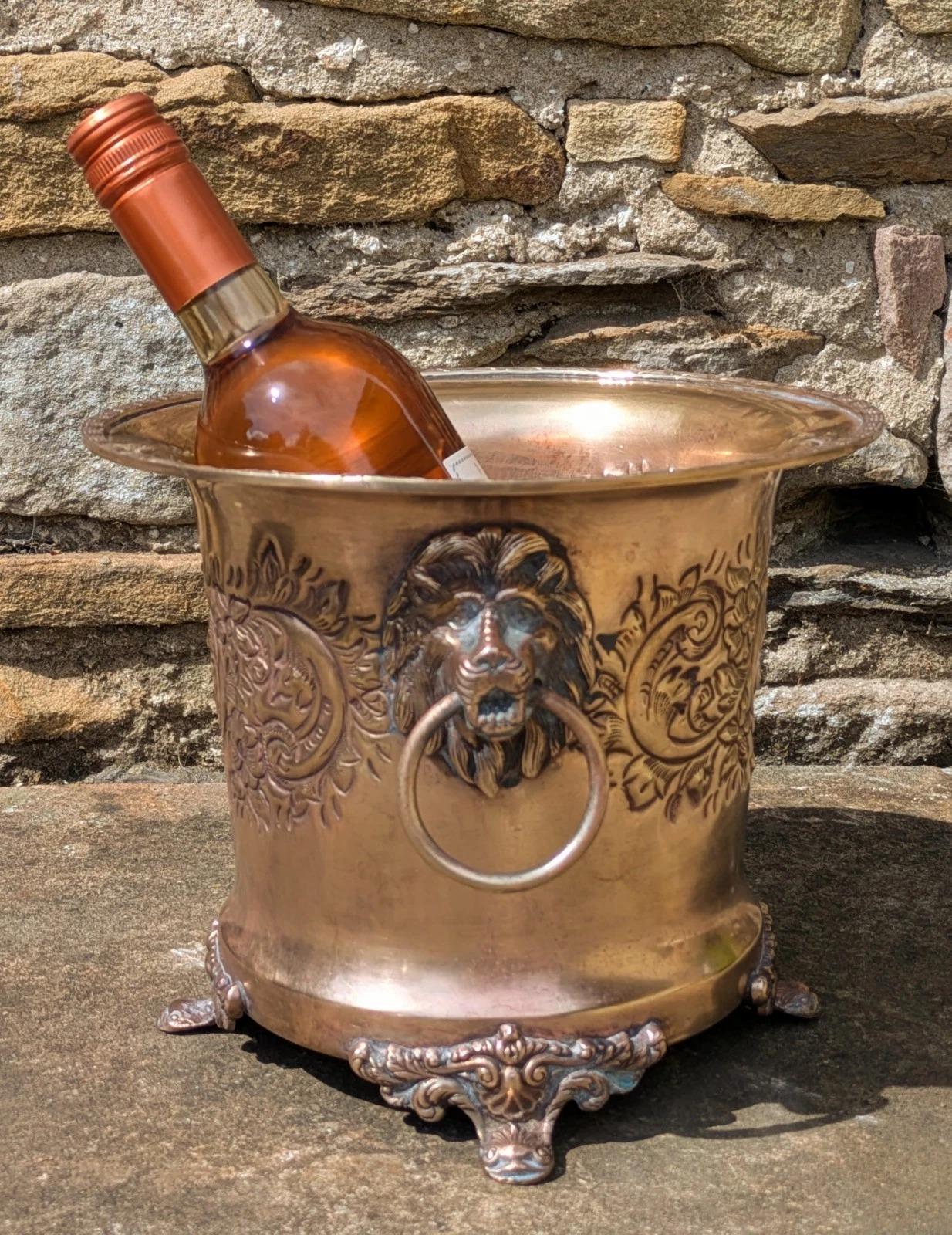 Antique Brass Ice Bucket / Planter Lion Mask Handles (1 of 8)