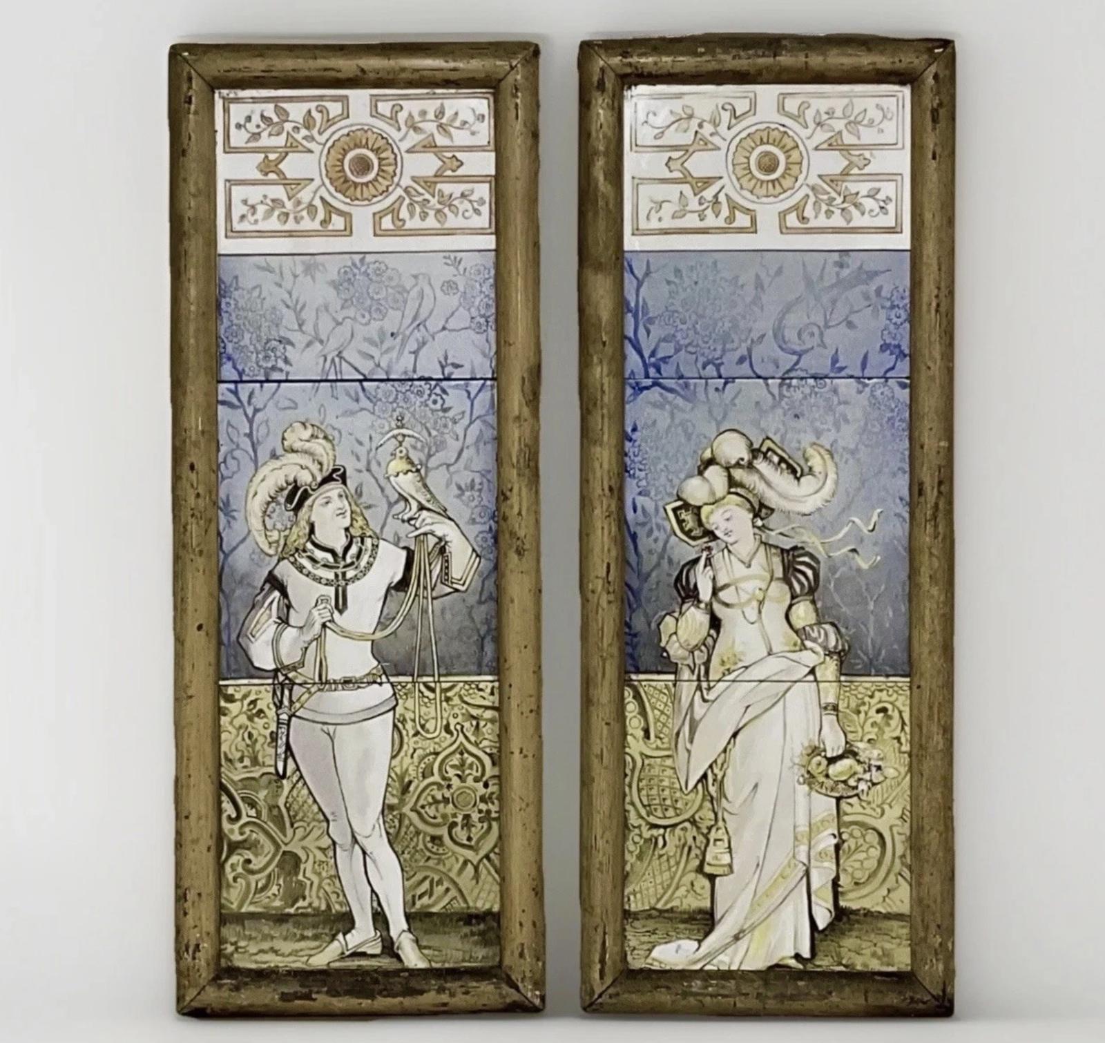 Pair of Arts & Crafts Minton Tiled Panels Lady, Falconer & Falcon Antique Victorian c.1879 (1 of 12) Pair of Arts & Crafts Minton Tiled Panels Lady, Falconer & Falcon Antique Victorian c.1879 (1 of 12)
