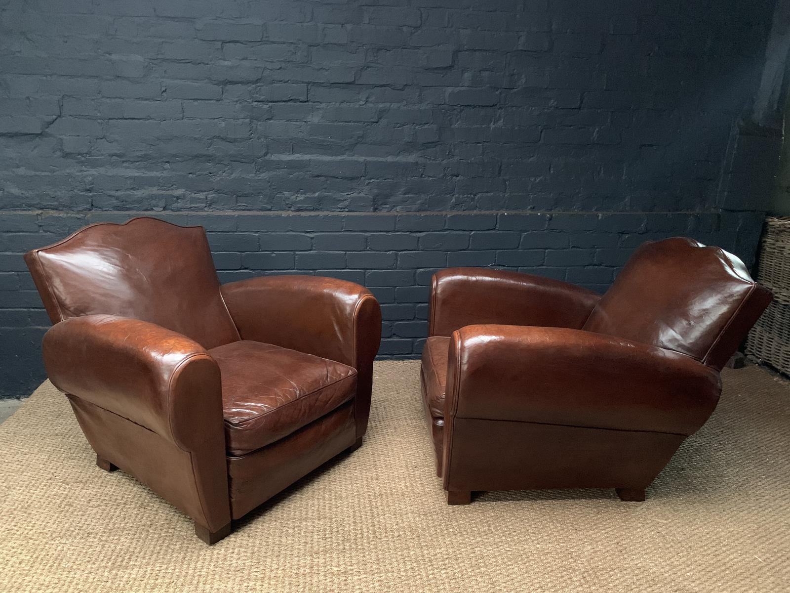 Superb Pair of French Leather Club Chairs, Havana Moustache Models c.1930 (1 of 10) Superb Pair of French Leather Club Chairs, Havana Moustache Models c.1930 (1 of 10)