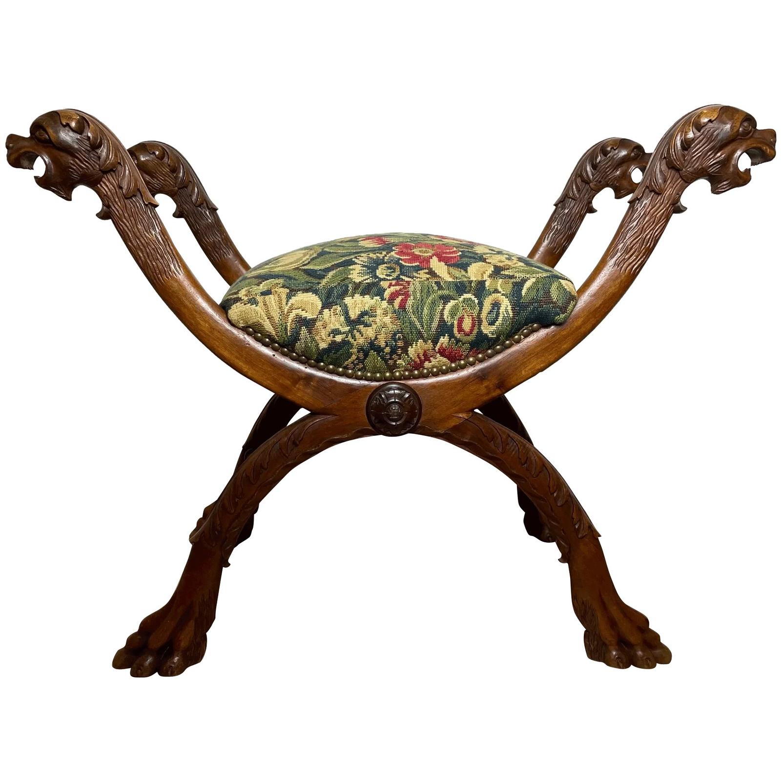 Victorian Carved Walnut Stool Window Seat with 4 Hunting Dog Head Finials (1 of 66)