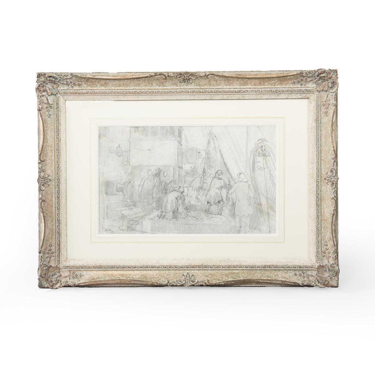 Montague Dawson: Pencil Sketch on Paper of Trawler Men Sorting the Catch (1 of 4)