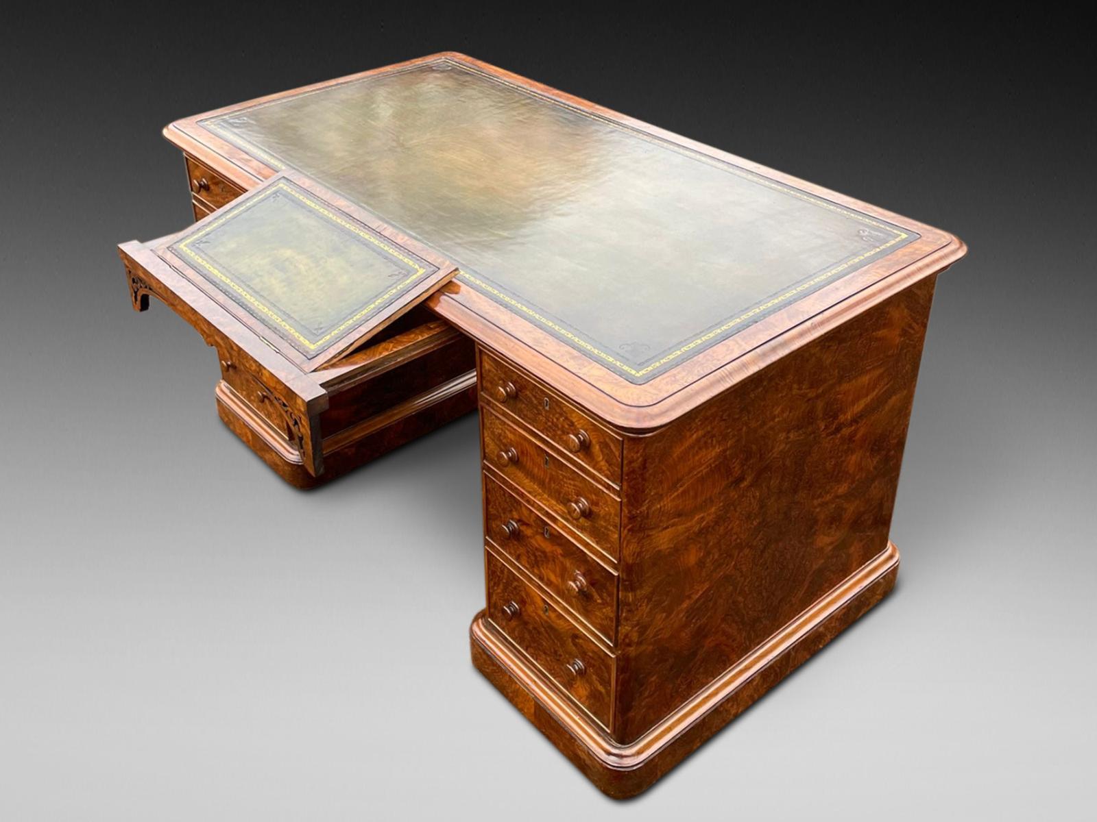 19th Century Figured Walnut Pedestal Desk (1 of 6)