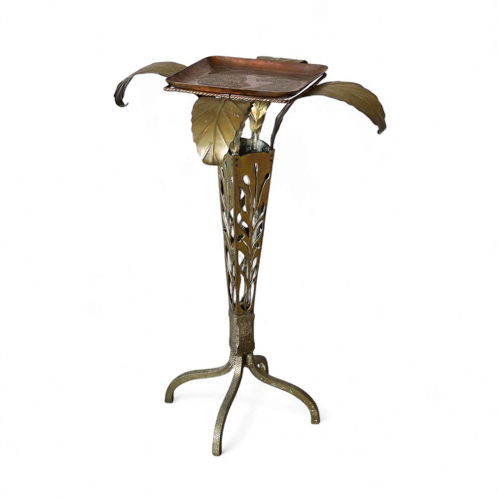 Italian 1920s Art Nouveau Brass Side Table with Engraved Copper Tray (1 of 12)