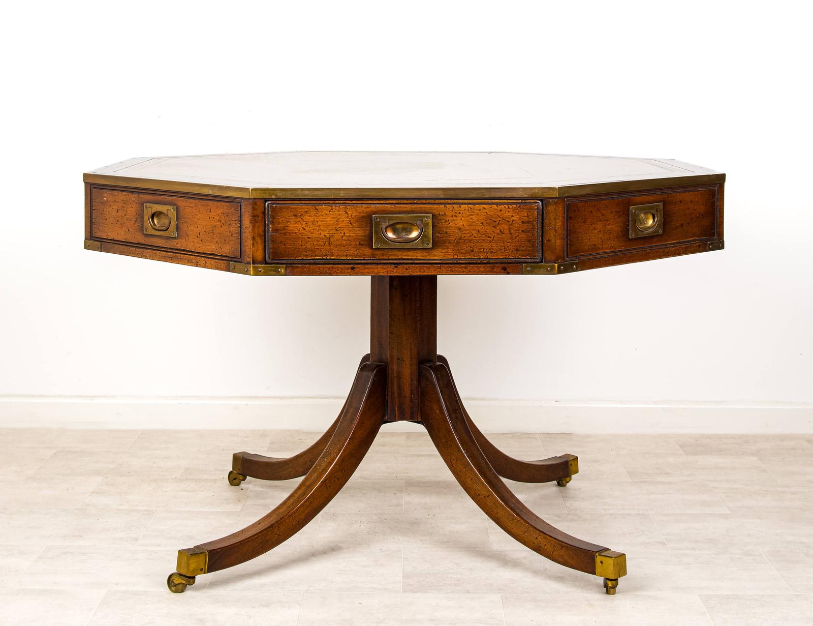 Edwardian Octagonal Campaign Drum Table with Leather Inset Top & Eight Drawers, Mahogany & Brass (1 of 5) Edwardian Octagonal Campaign Drum Table with Leather Inset Top & Eight Drawers, Mahogany & Brass (1 of 5)