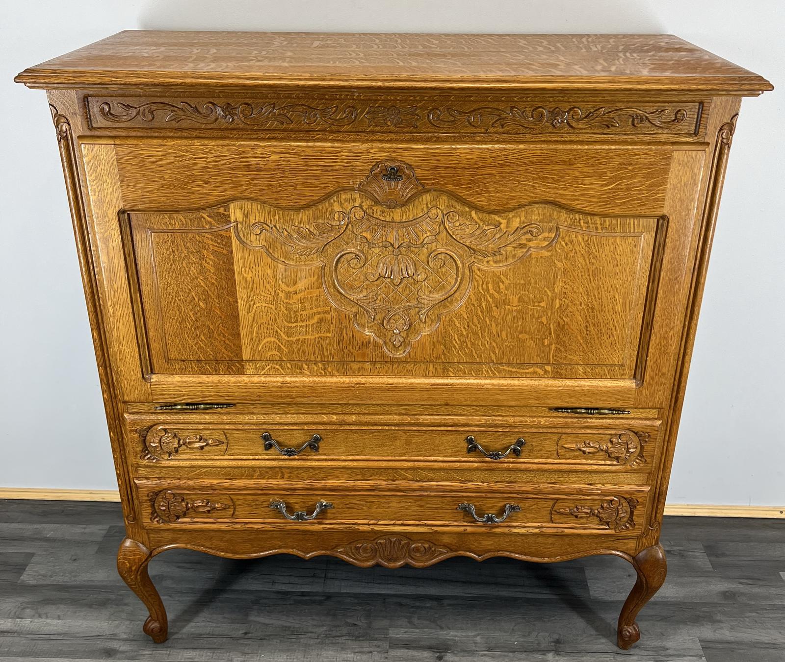 Cabinet Vintage French Style Carved Drop Front Oak Sideboard (1 of 15) Cabinet Vintage French Style Carved Drop Front Oak Sideboard (1 of 15)