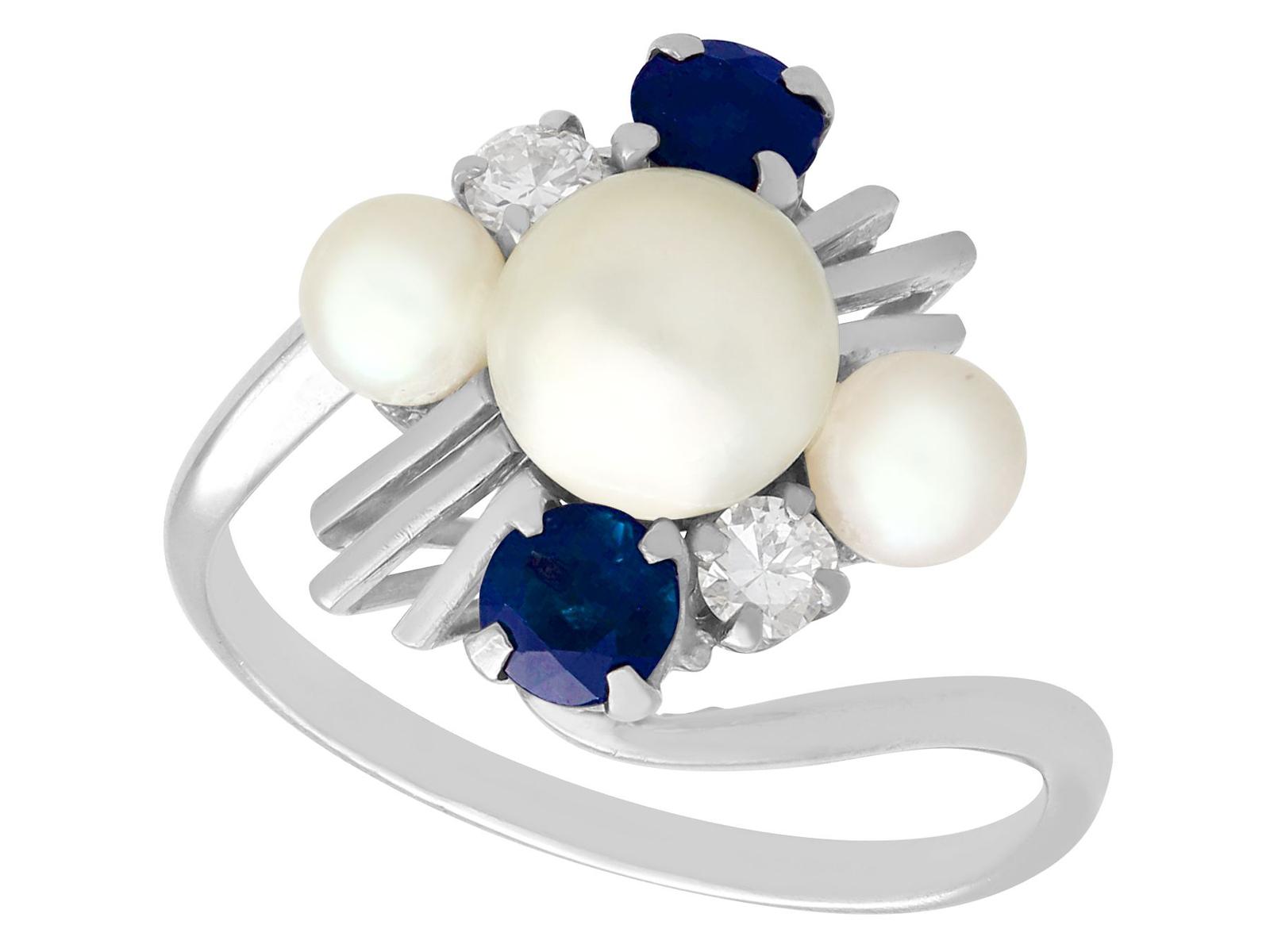 Vintage Pearl & 0.50ct Sapphire, 0.12ct Diamond & 18ct White Gold Twist Ring c.1970 (1 of 9)