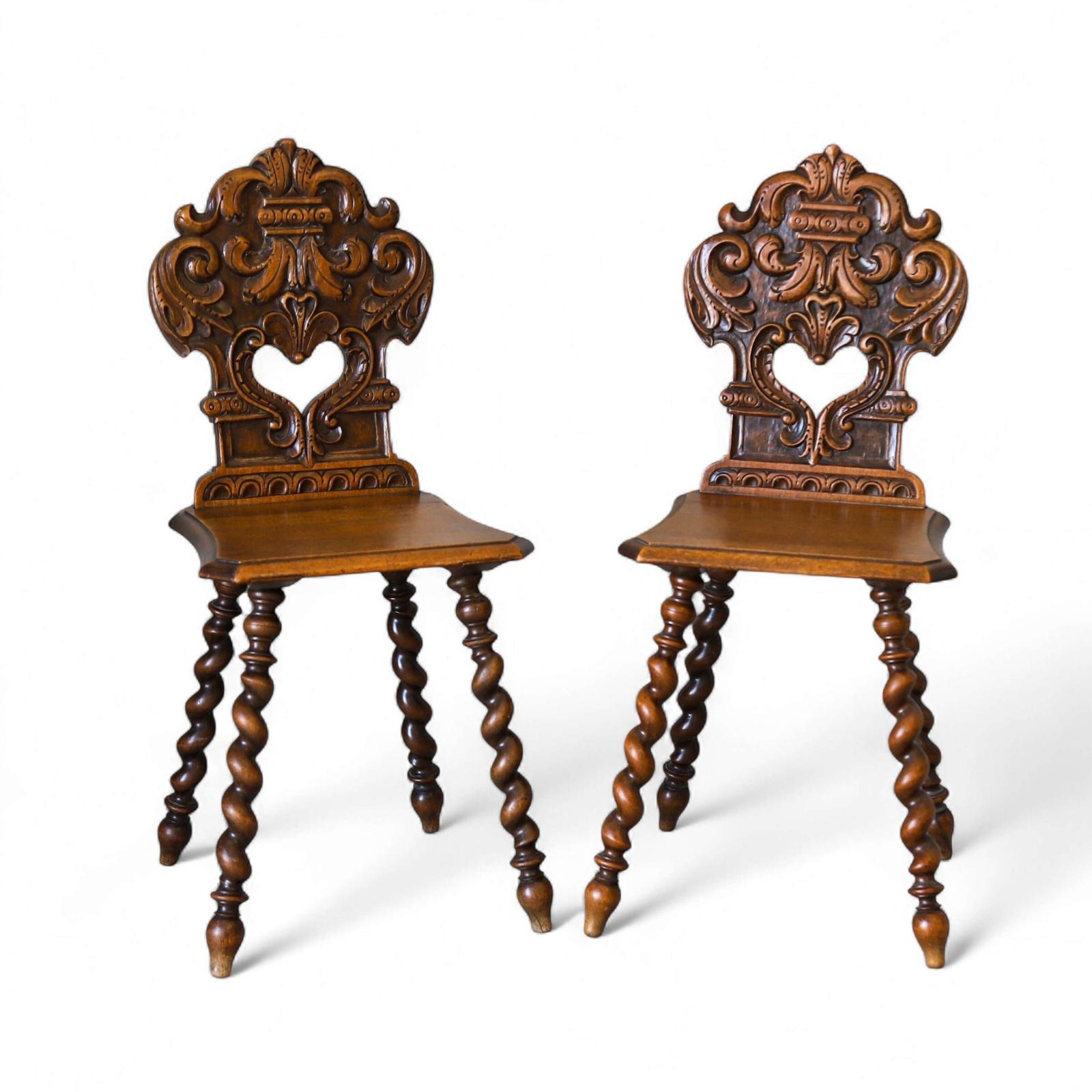 Pair of 19th Century French Walnut Hall Chairs - Heart Pierced Backs Barley Twist Legs (1 of 8)