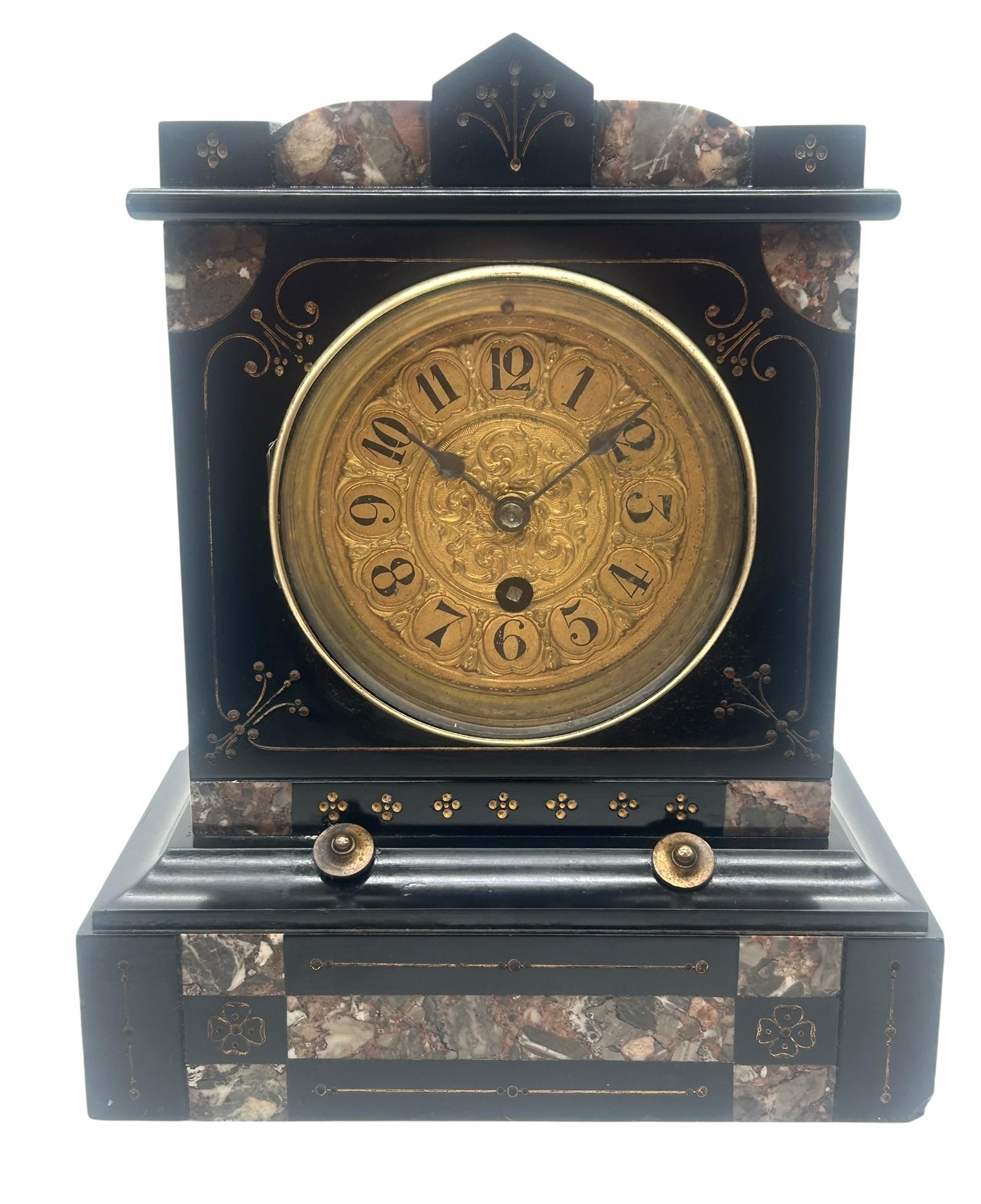 French Slate Mantel Clock - Marble & Gilt Inlay - Embossed Gilt Dial c.1900 (1 of 12) French Slate Mantel Clock - Marble & Gilt Inlay - Embossed Gilt Dial c.1900 (1 of 12)